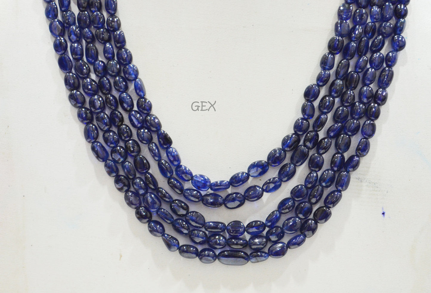 Sapphire Glass Filled Smooth Oval Nuggets Shape Necklace , Sapphire Glass Filled 5 Line Necklace 15 - 19 Inches Long With Adjustable Tussle , 5.50x7 - 7x9.50 mm , 32009