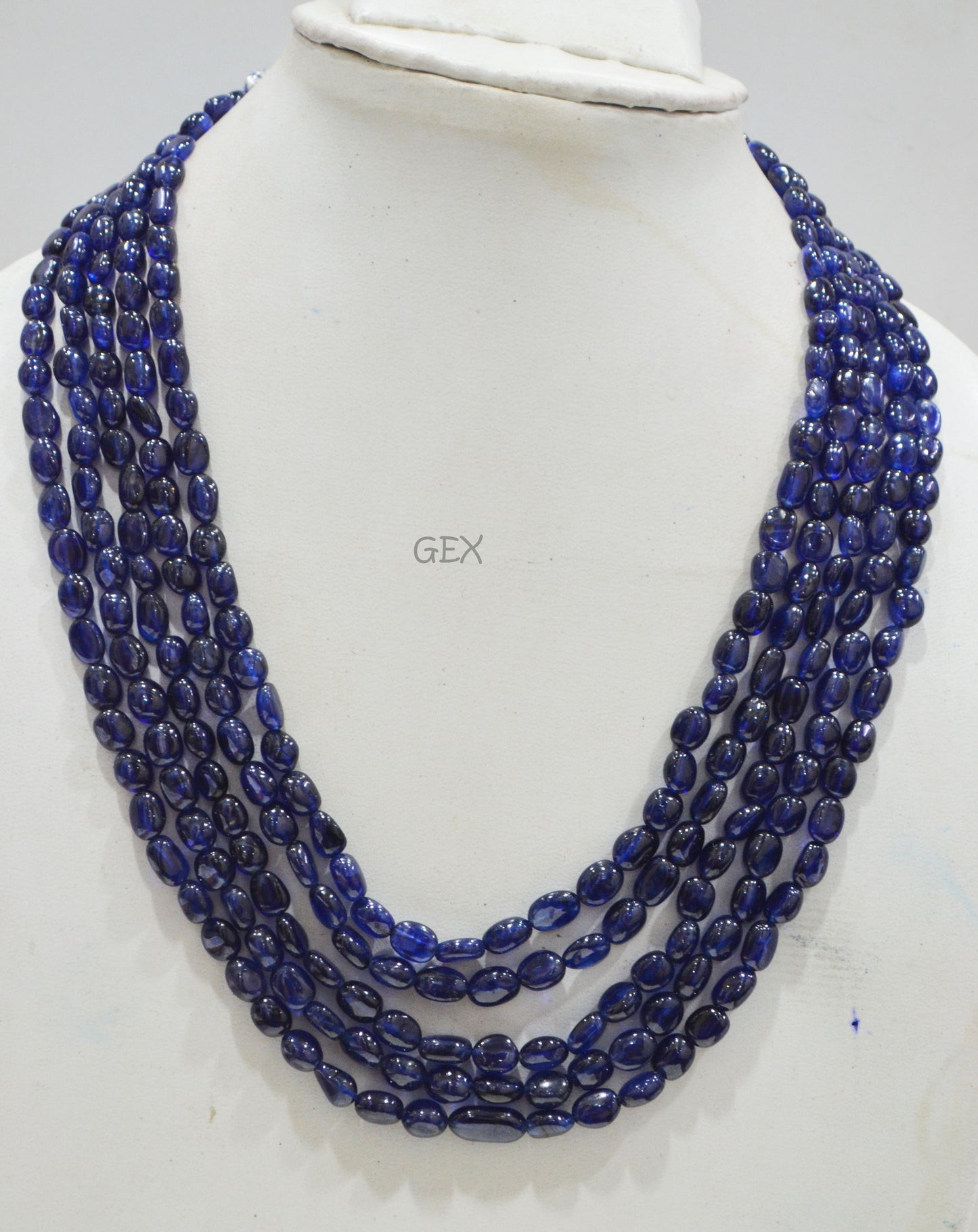 Sapphire Glass Filled Smooth Oval Nuggets Shape Necklace , Sapphire Glass Filled 5 Line Necklace 15 - 19 Inches Long With Adjustable Tussle , 5.50x7 - 7x9.50 mm , 32009