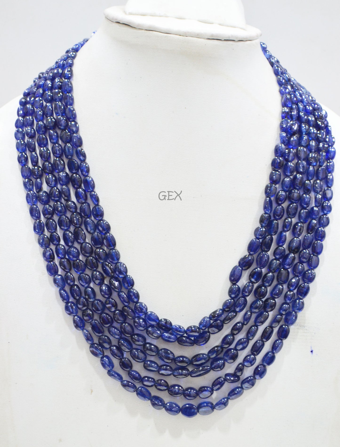 Sapphire Glass Filled Smooth Oval Nuggets Shape Necklace , Sapphire Glass Filled 6 Line Necklace 16 - 20 Inches Long With Adjustable Tussle , 5.50x6.50 - 7x9 mm , 32010