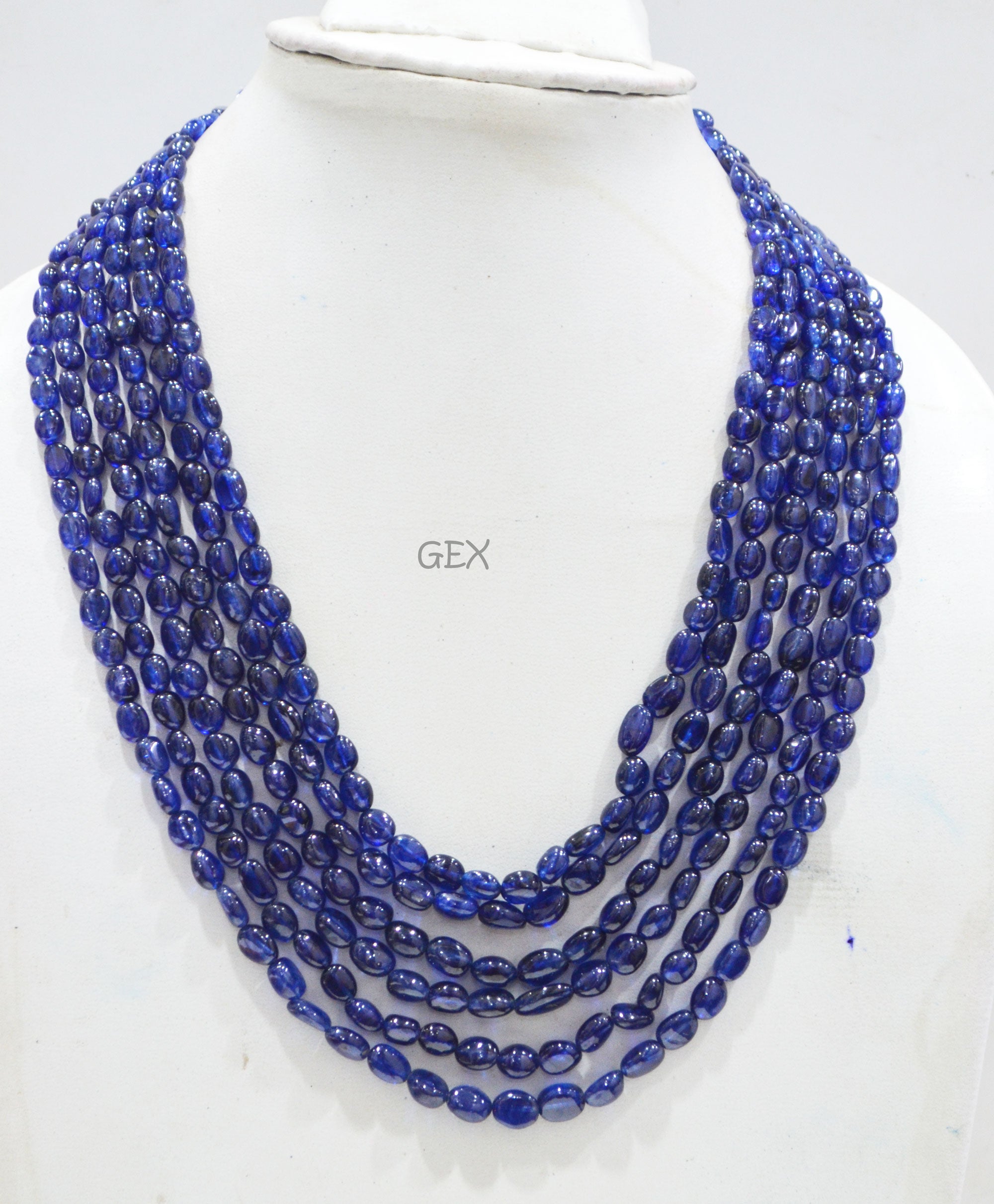 Sapphire Glass Filled Smooth Oval Nuggets Shape Necklace , Sapphire Glass Filled 6 Line Necklace 16 - 20 Inches Long With Adjustable Tussle , 5.50x6.50 - 7x9 mm , 32010