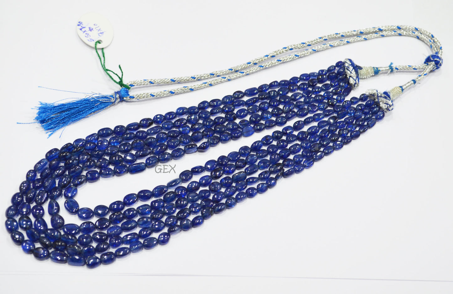 Sapphire Glass Filled Smooth Oval Nuggets Shape Necklace , Sapphire Glass Filled 5 Line Necklace 15 - 19 Inches Long With Adjustable Tussle , 5.50x7.50 - 7x10 mm , 32011