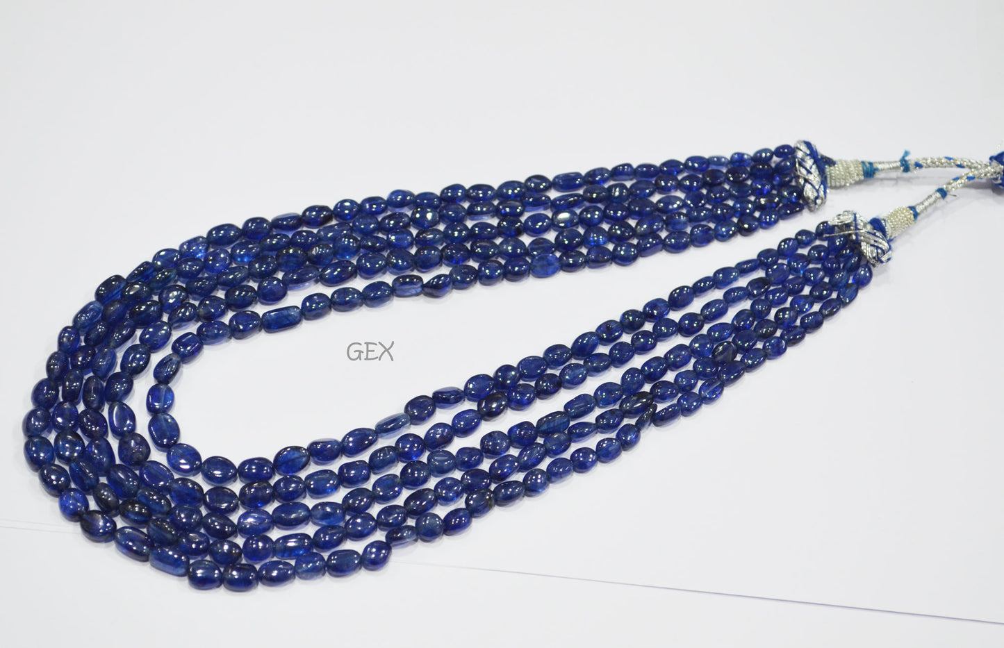 Sapphire Glass Filled Smooth Oval Nuggets Shape Necklace , Sapphire Glass Filled 5 Line Necklace 15 - 19 Inches Long With Adjustable Tussle , 5.50x7.50 - 7x10 mm , 32011