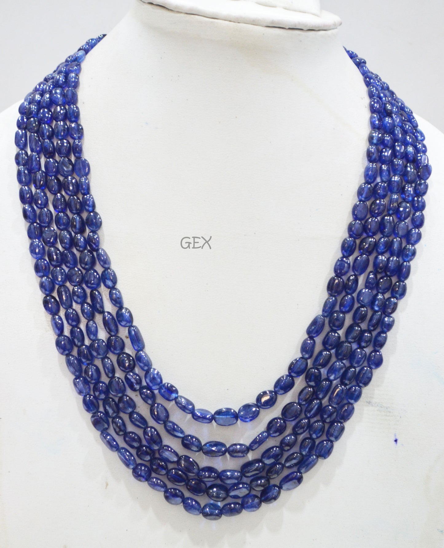 Sapphire Glass Filled Smooth Oval Nuggets Shape Necklace , Sapphire Glass Filled 5 Line Necklace 15 - 19 Inches Long With Adjustable Tussle , 5.50x7.50 - 7x10 mm , 32011