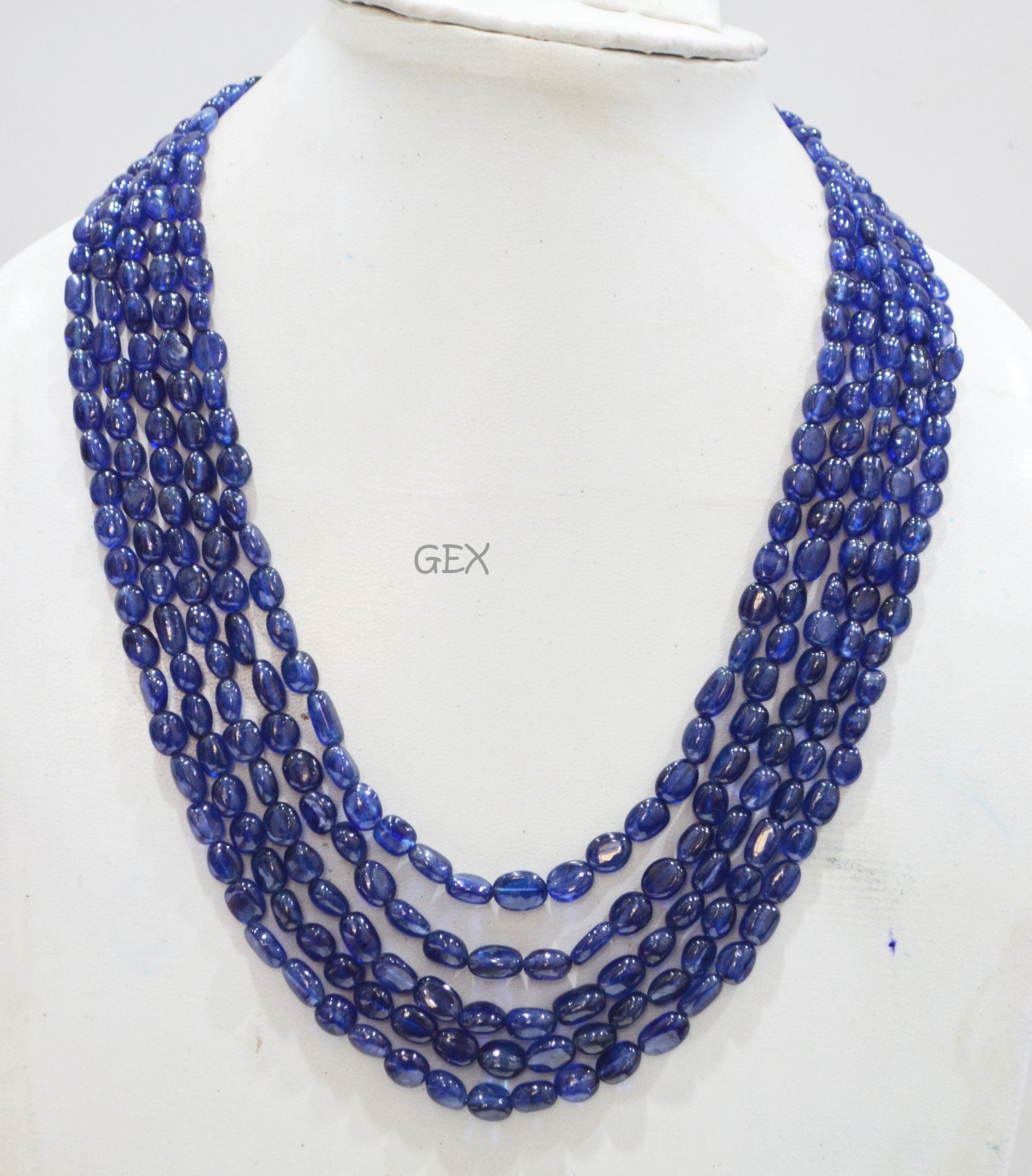 Sapphire Glass Filled Smooth Oval Nuggets Shape Necklace , Sapphire Glass Filled 4 Line Necklace 17 - 20 Inches Long With Adjustable Tussle , 4.50x6 - 6.50x10 mm , 32011
