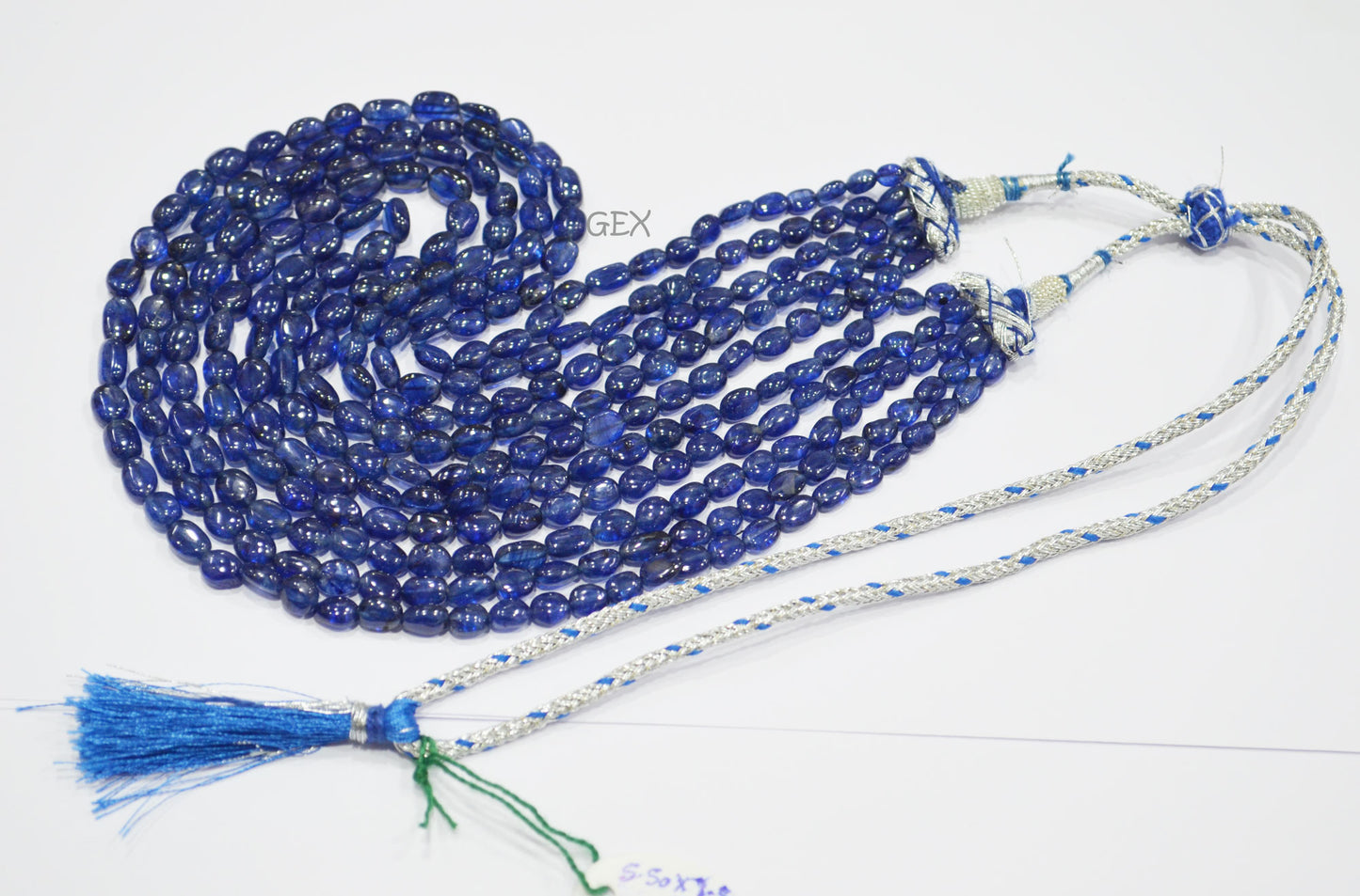 Sapphire Glass Filled Smooth Oval Nuggets Shape Necklace , Sapphire Glass Filled 5 Line Necklace 15 - 19 Inches Long With Adjustable Tussle , 5.50x7.50 - 7x10 mm , 32011