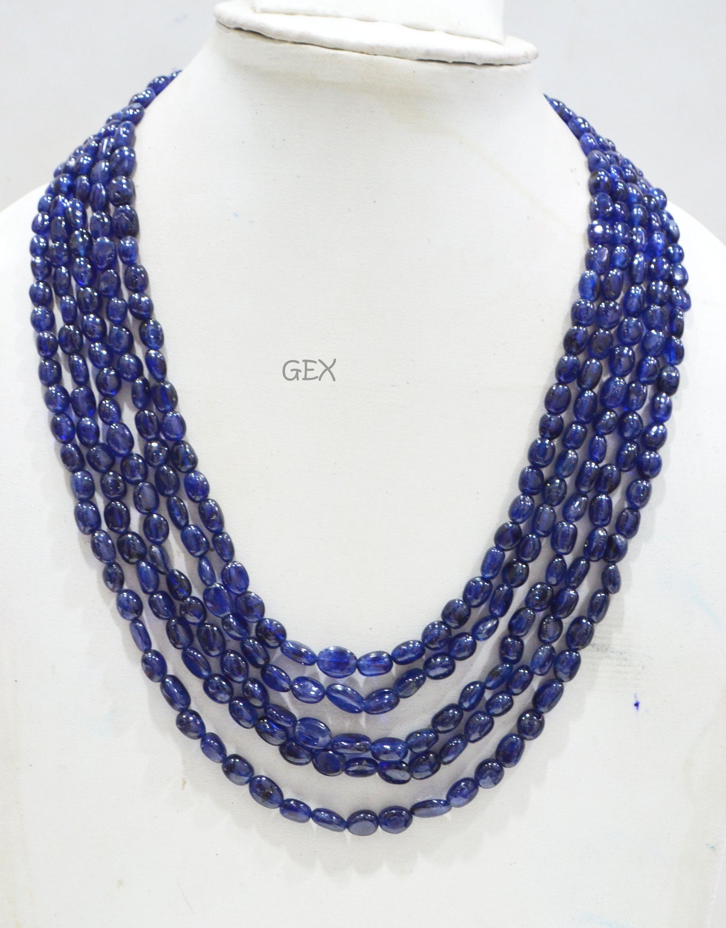 Sapphire Glass Filled Smooth Oval Nuggets Shape Necklace , Sapphire Glass Filled 5 Line Necklace 16 - 20 Inches Long With Adjustable Tussle , 4.50x5.50 - 7x10 mm , 32012