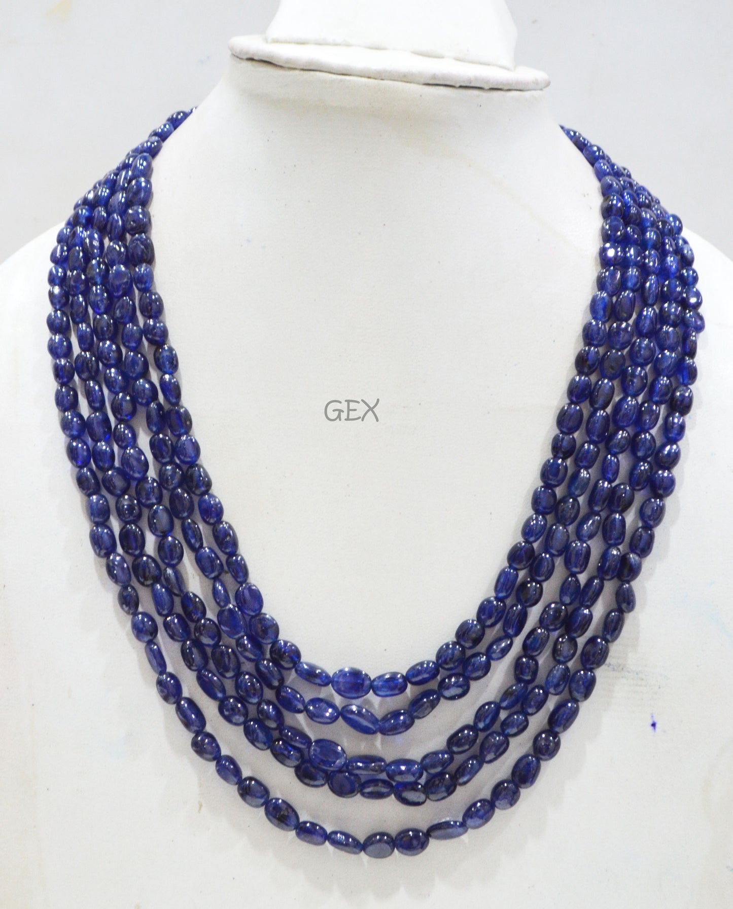 Sapphire Glass Filled Smooth Oval Nuggets Shape Necklace , Sapphire Glass Filled 5 Line Necklace 16 - 20 Inches Long With Adjustable Tussle , 4.50x5.50 - 7x10 mm , 32012