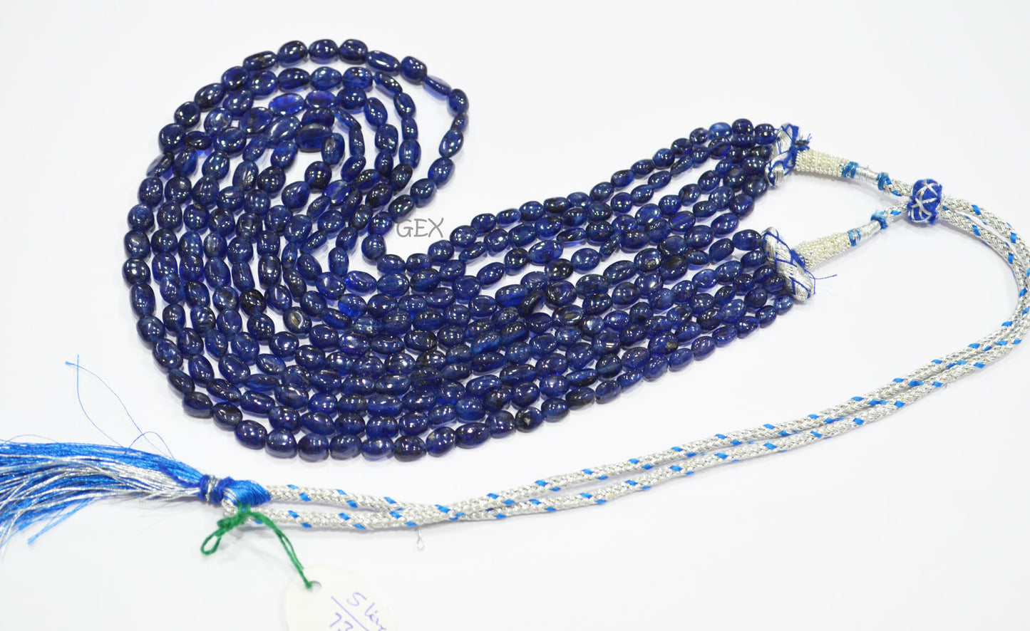 Sapphire Glass Filled Smooth Oval Nuggets Shape Necklace , Sapphire Glass Filled 5 Line Necklace 16 - 20 Inches Long With Adjustable Tussle , 4.50x5.50 - 7x10 mm , 32012