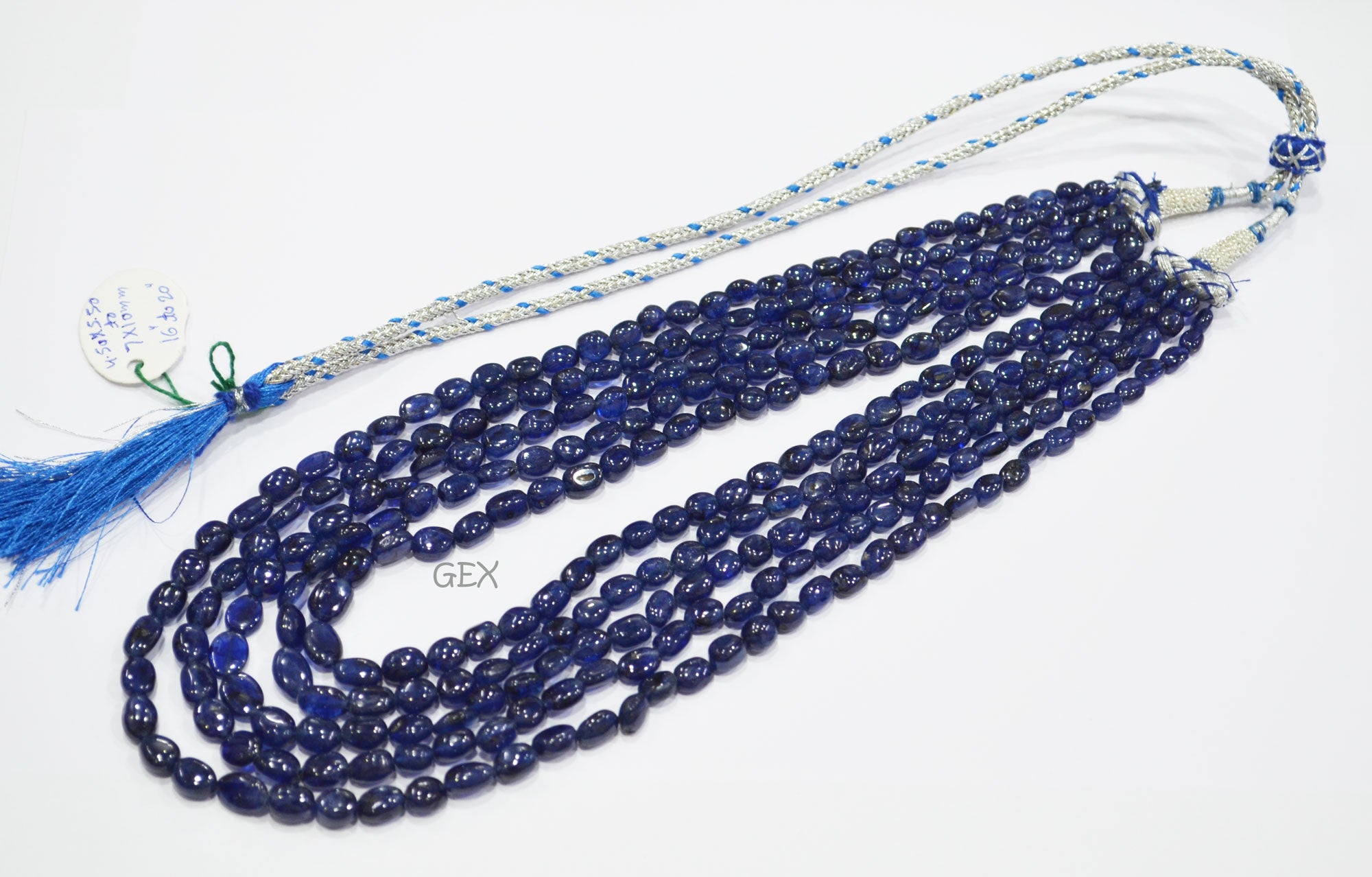 Sapphire Glass Filled Smooth Oval Nuggets Shape Necklace , Sapphire Glass Filled 5 Line Necklace 16 - 20 Inches Long With Adjustable Tussle , 4.50x5.50 - 7x10 mm , 32012