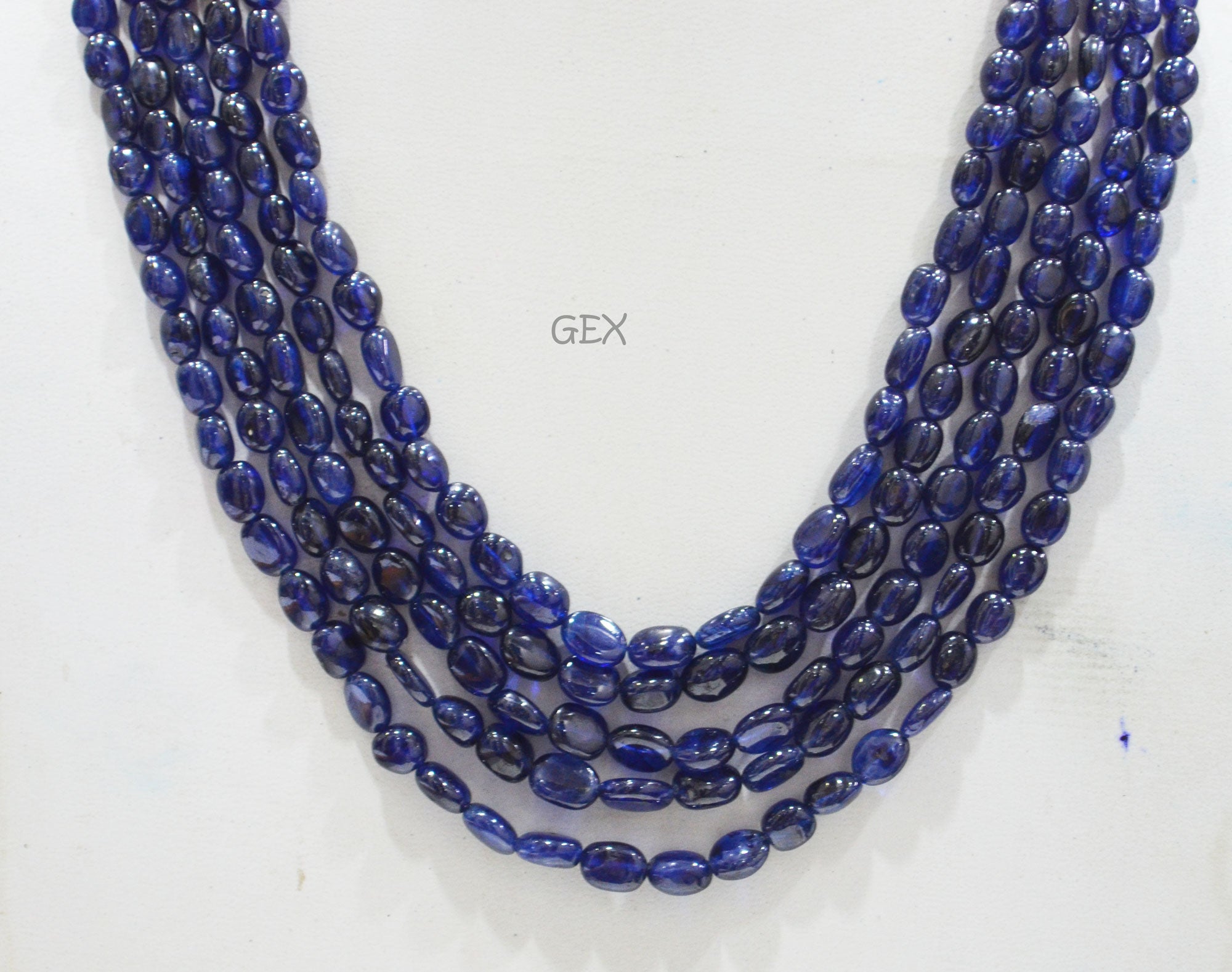 Sapphire Glass Filled Smooth Oval Nuggets Shape Necklace , Sapphire Glass Filled 5 Line Necklace 15 - 18 Inches Long With Adjustable Tussle , 5.50x7 - 7.50x10 mm , 32015
