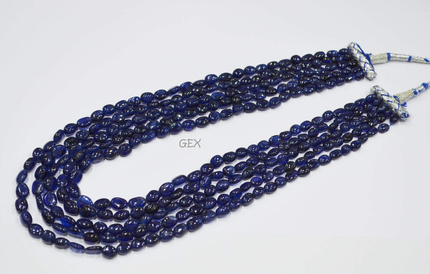 Sapphire Glass Filled Smooth Oval Nuggets Shape Necklace , Sapphire Glass Filled 5 Line Necklace 15 - 18 Inches Long With Adjustable Tussle , 5.50x7 - 7.50x10 mm , 32015