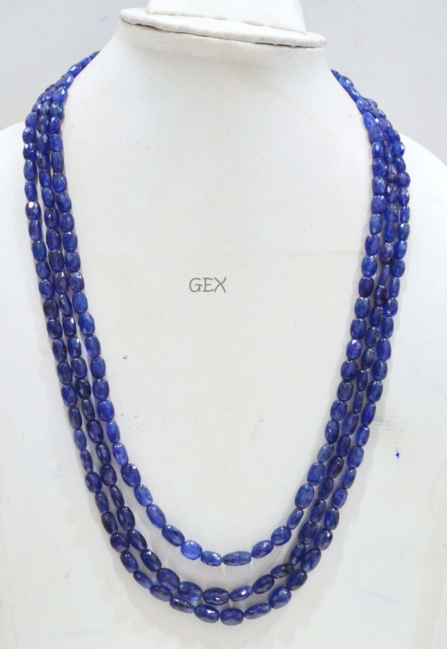 Sapphire Glass Filled Faceted Oval Nuggets Shape Necklace , Sapphire Glass Filled 3 Line Necklace 20 - 22 Inches Long With Adjustable Tussle , 5x7 - 7x10 mm , 32016