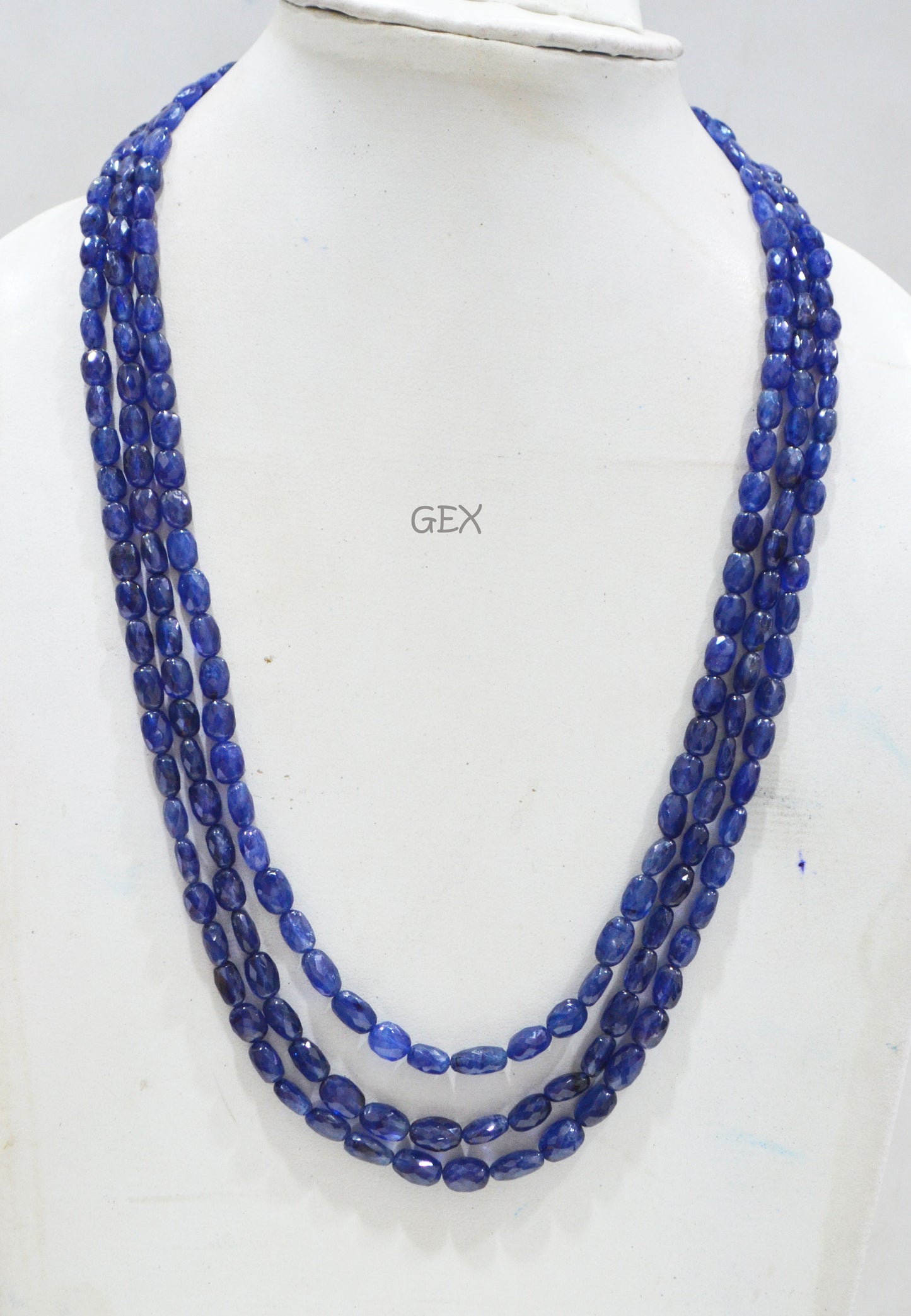 Sapphire Glass Filled Faceted Oval Nuggets Shape Necklace , Sapphire Glass Filled 3 Line Necklace 20 - 22 Inches Long With Adjustable Tussle , 5x7 - 7x10 mm , 32016