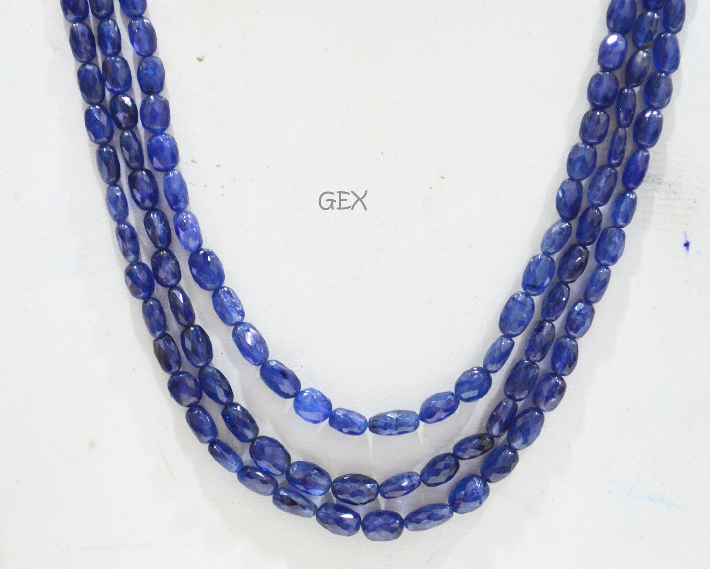 Sapphire Glass Filled Faceted Oval Nuggets Shape Necklace , Sapphire Glass Filled 3 Line Necklace 20 - 22 Inches Long With Adjustable Tussle , 5x7 - 7x10 mm , 32016