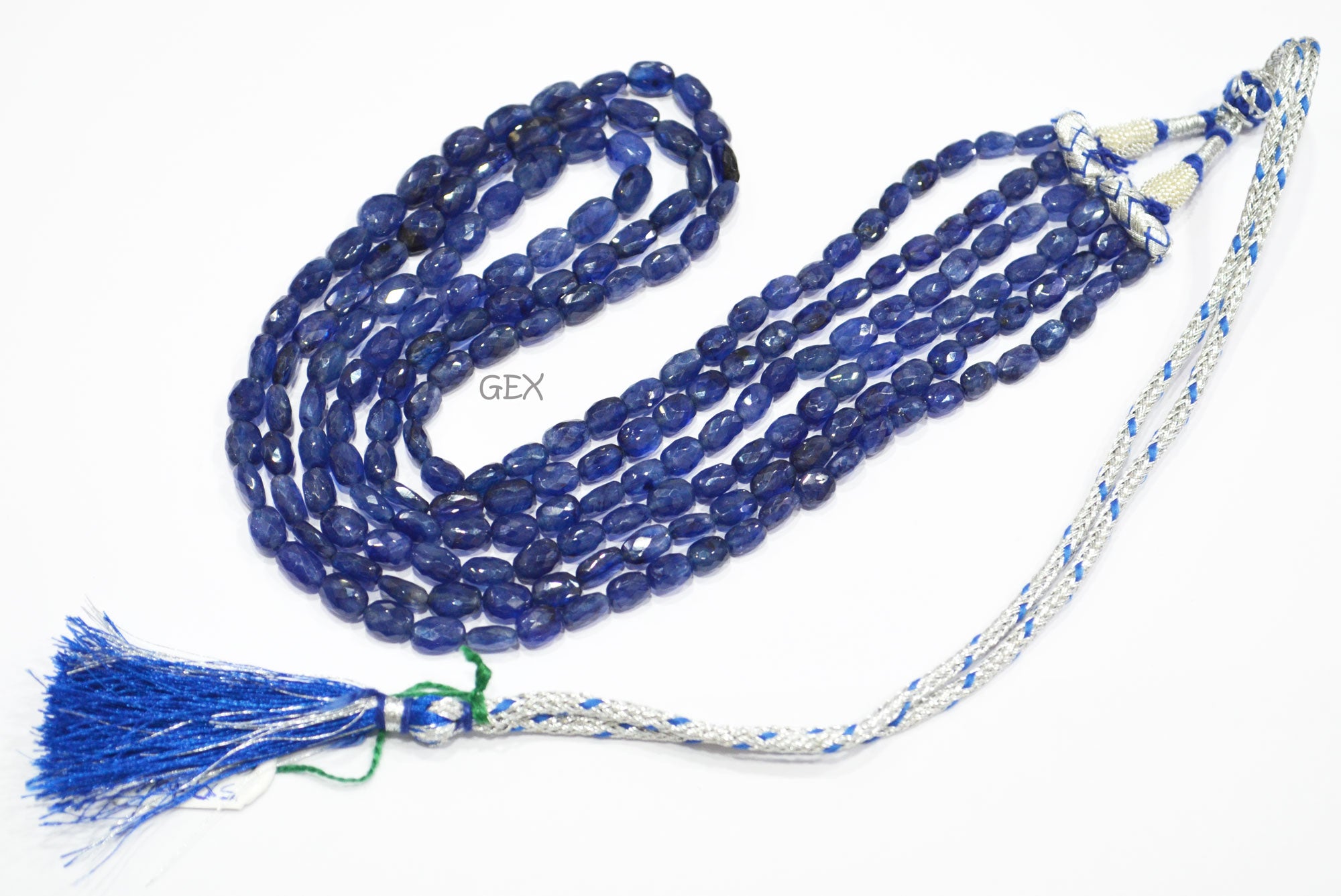 Sapphire Glass Filled Faceted Oval Nuggets Shape Necklace , Sapphire Glass Filled 3 Line Necklace 20 - 22 Inches Long With Adjustable Tussle , 5x7 - 7x10 mm , 32016