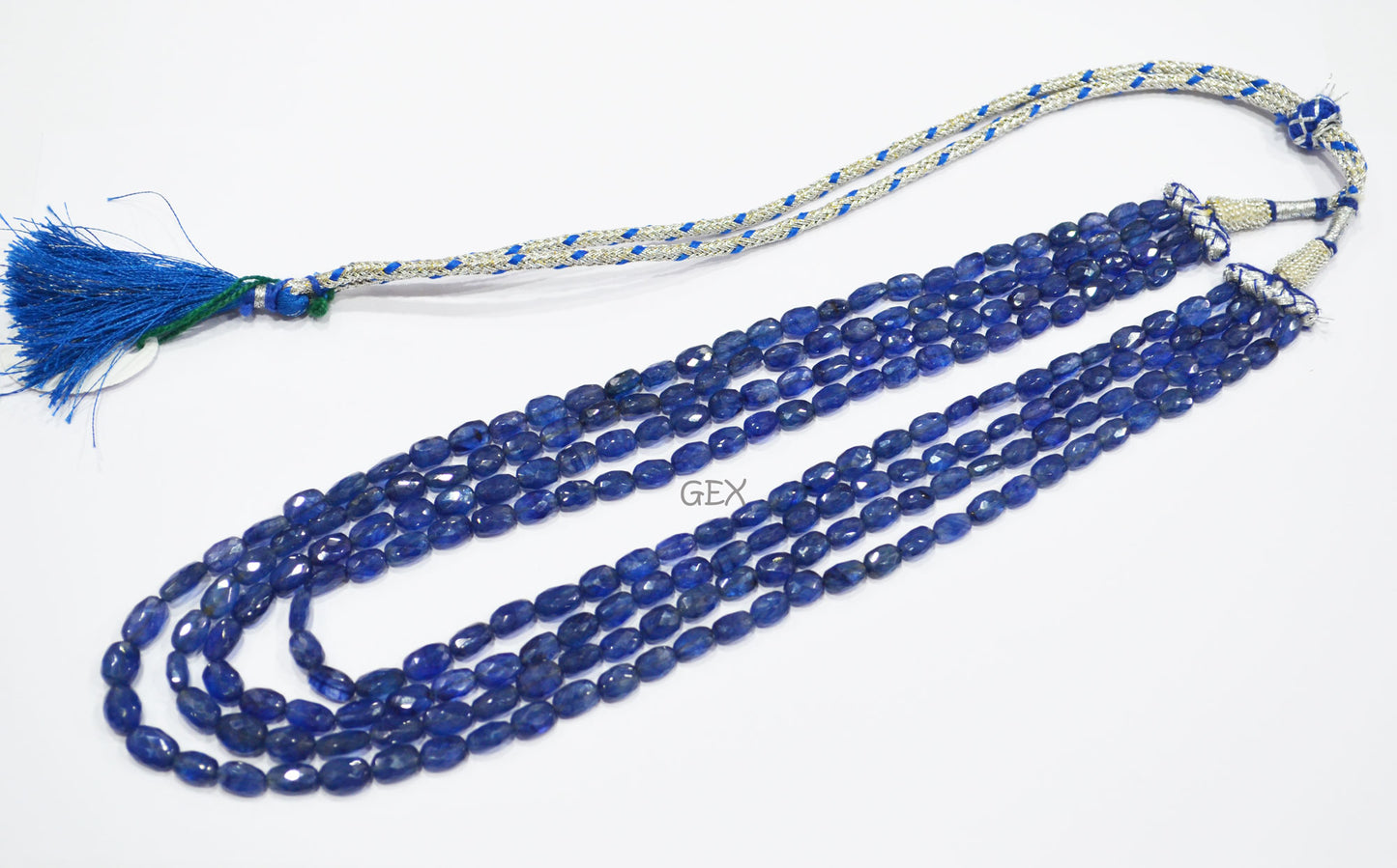 Sapphire Glass Filled Faceted Oval Nuggets Shape Necklace , Sapphire Glass Filled 4 Line Necklace 16 - 19 Inches Long With Adjustable Tussle , 5x5.50 - 6.50x10 mm , 32017