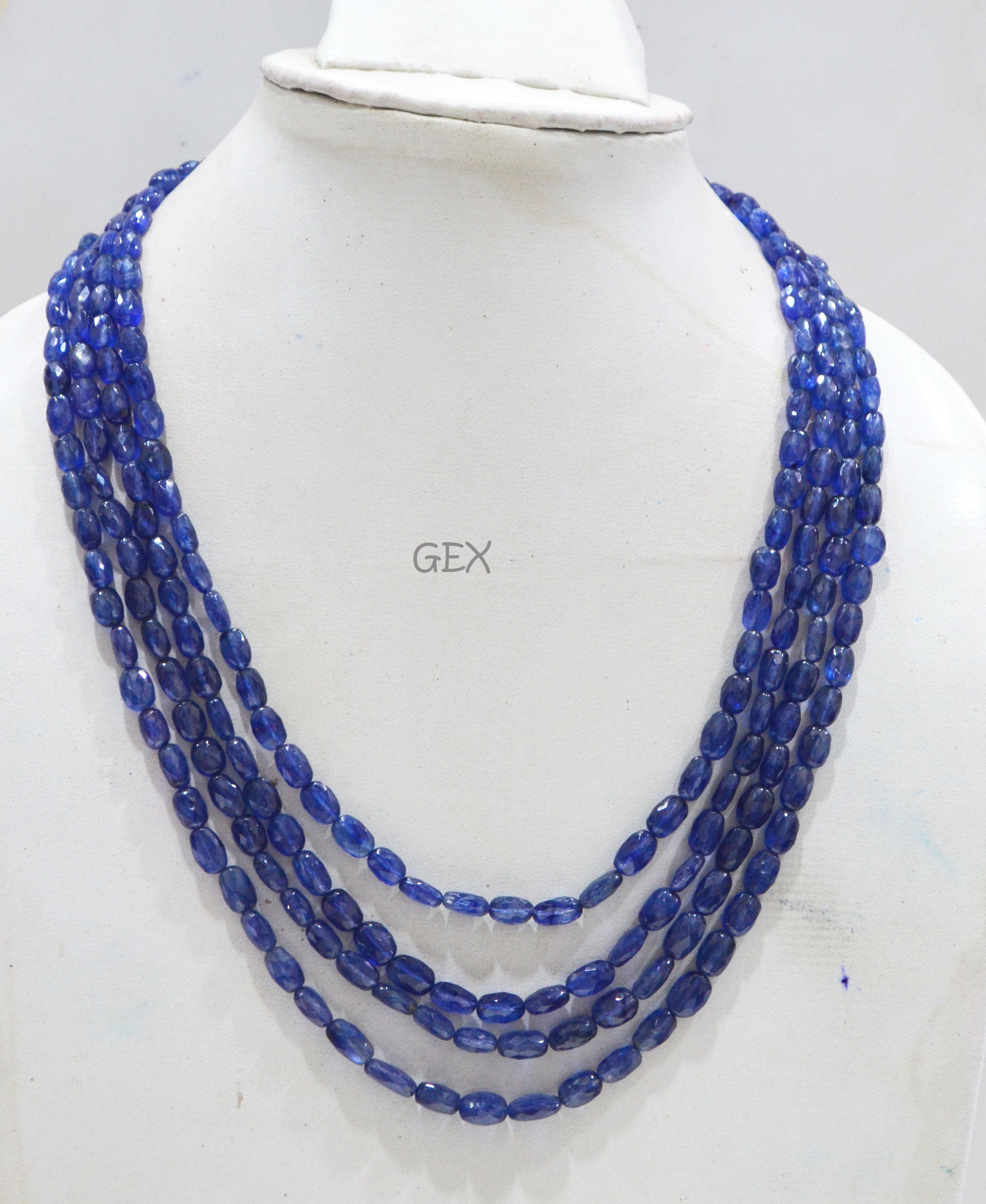 Sapphire Glass Filled Faceted Oval Nuggets Shape Necklace , Sapphire Glass Filled 4 Line Necklace 16 - 19 Inches Long With Adjustable Tussle , 5x5.50 - 6.50x10 mm , 32017