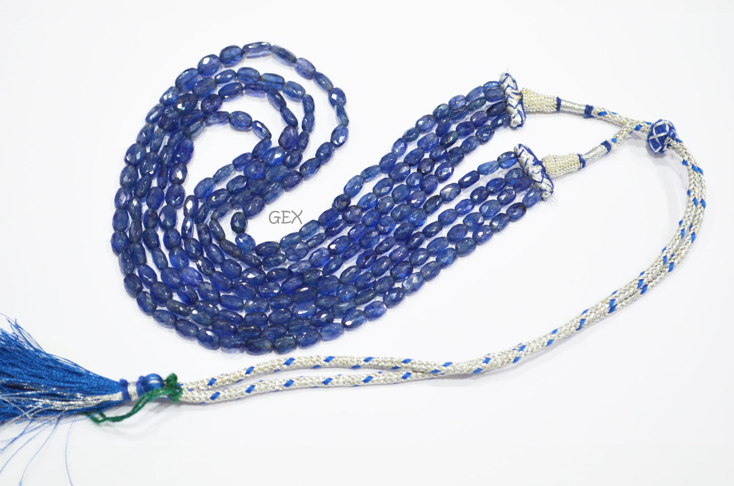Sapphire Glass Filled Faceted Oval Nuggets Shape Necklace , Sapphire Glass Filled 4 Line Necklace 16 - 19 Inches Long With Adjustable Tussle , 5x5.50 - 6.50x10 mm , 32017