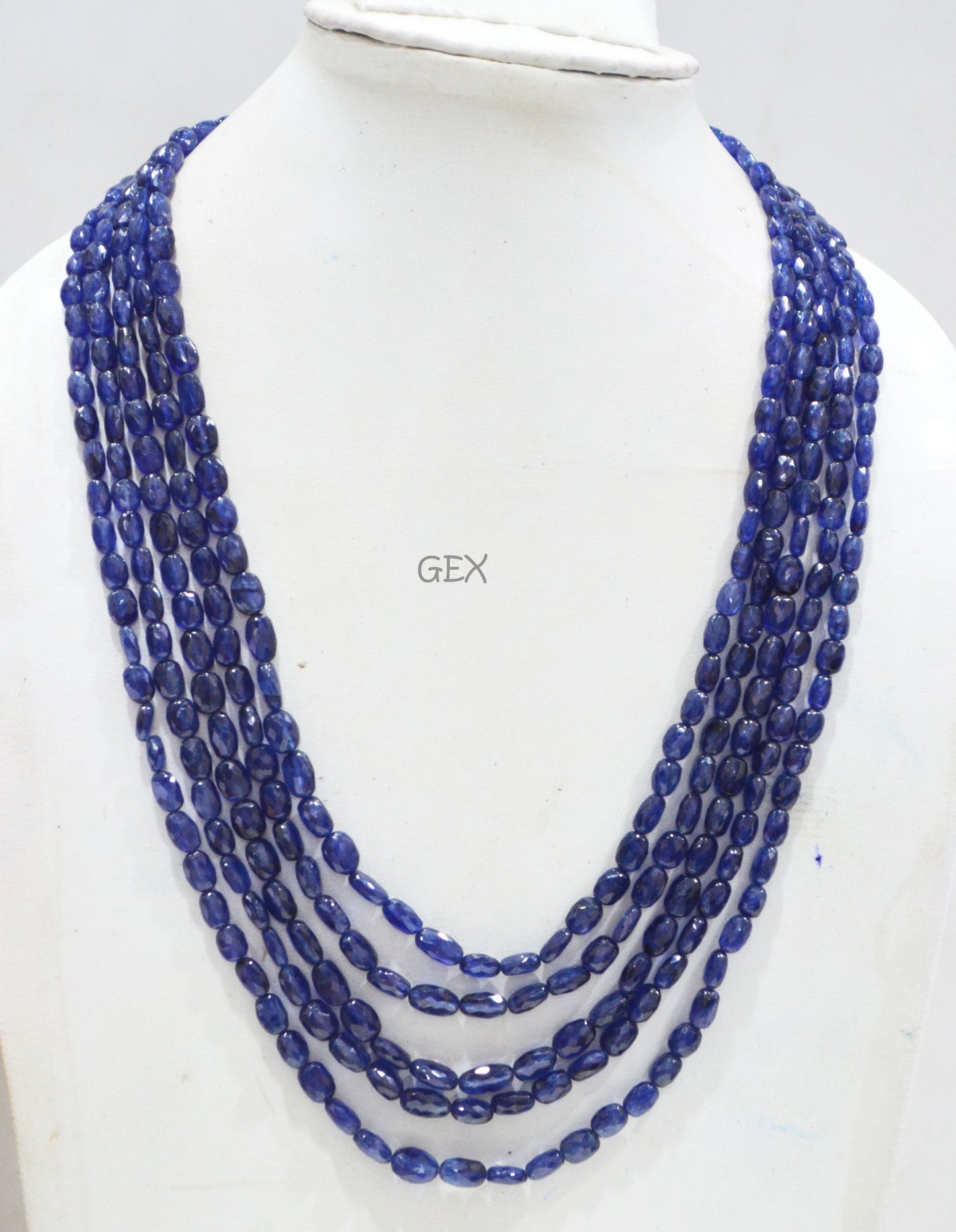 Sapphire Glass Filled Faceted Oval Nuggets Shape Necklace , Sapphire Glass Filled 5 Line Necklace 19 - 23 Inches Long With Adjustable Tussle , 4.50x7 - 7.50x11.50 mm , 32018