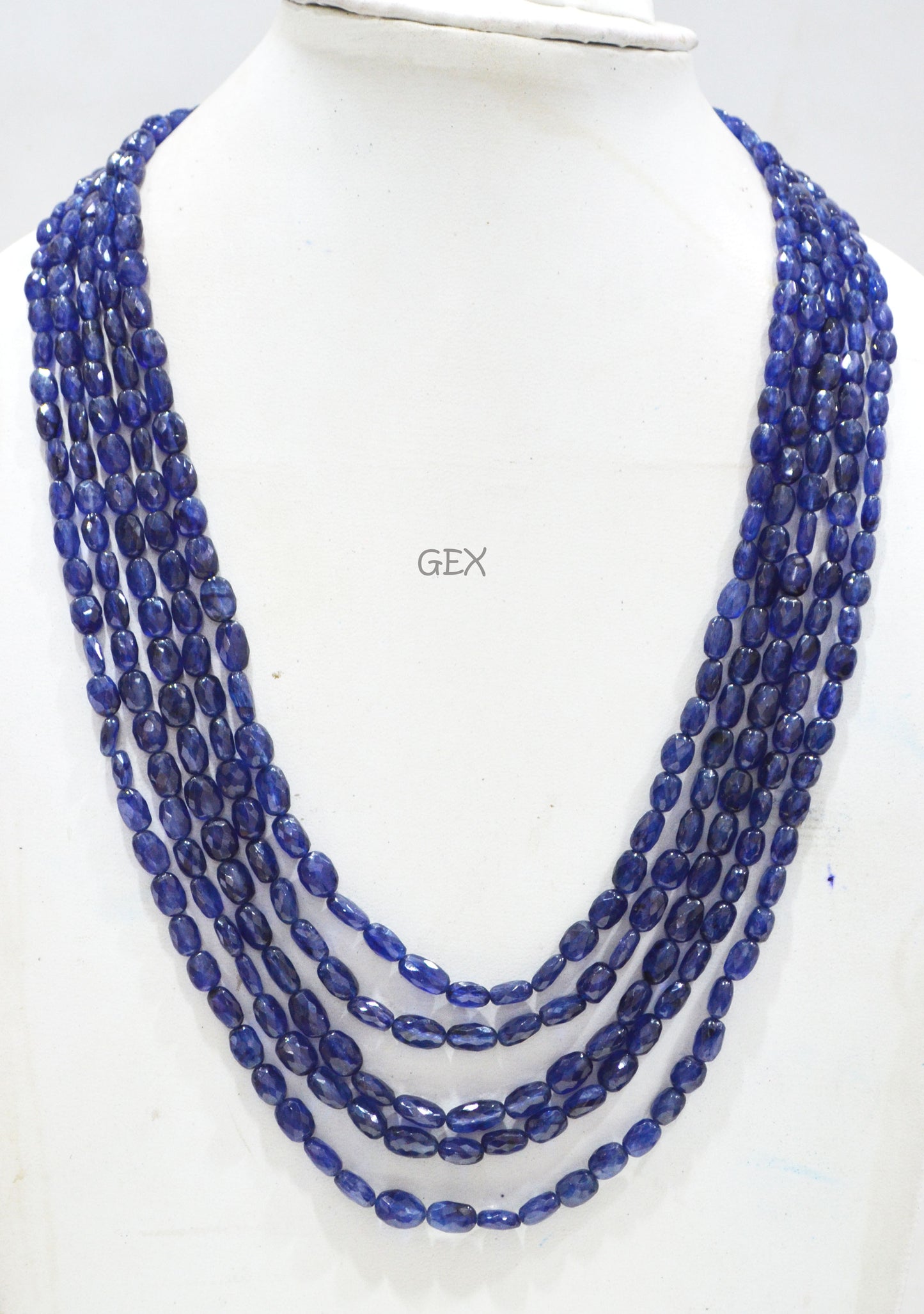 Sapphire Glass Filled Faceted Oval Nuggets Shape Necklace , Sapphire Glass Filled 5 Line Necklace 19 - 23 Inches Long With Adjustable Tussle , 4.50x7 - 7.50x11.50 mm , 32018