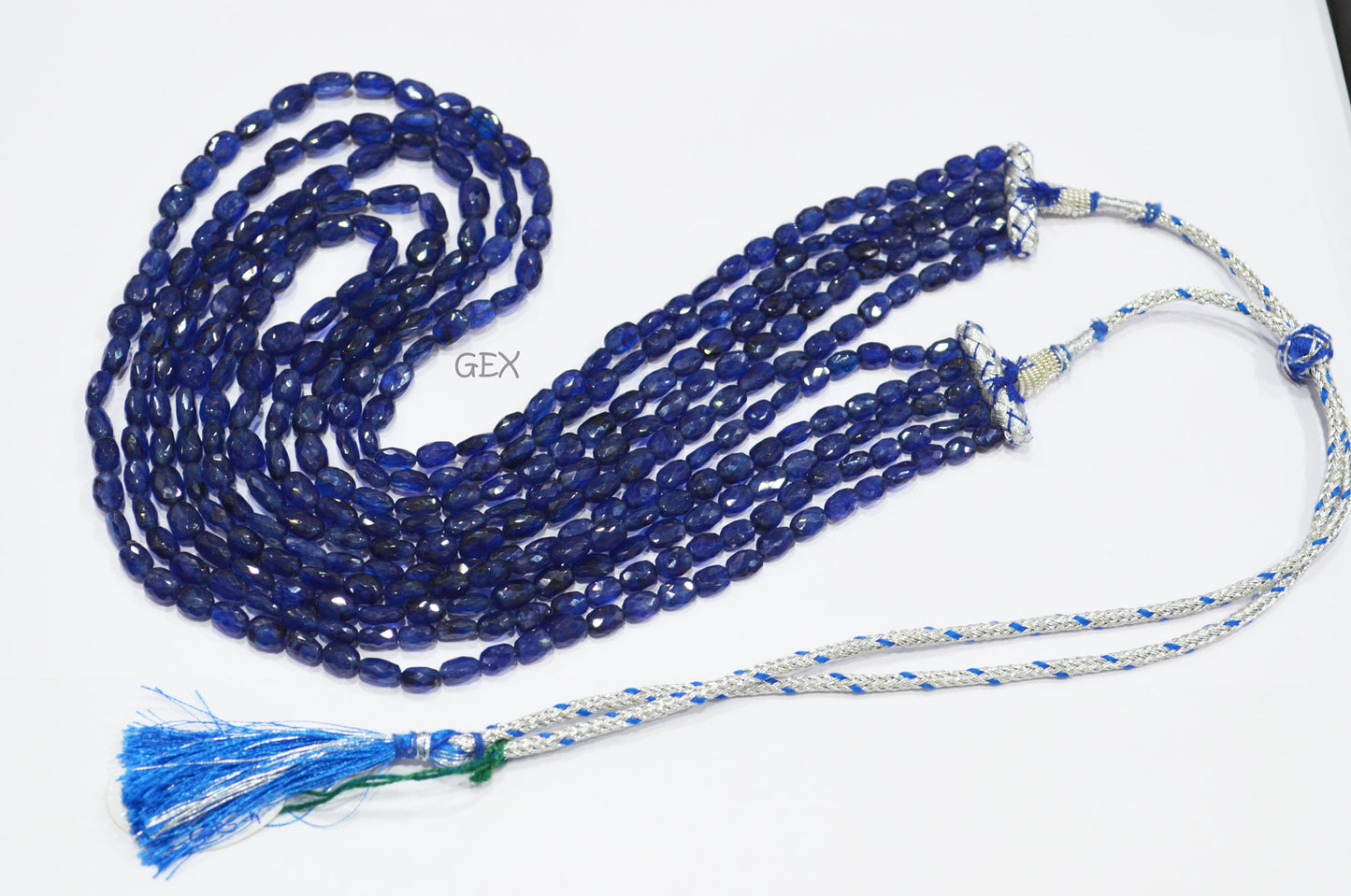Sapphire Glass Filled Faceted Oval Nuggets Shape Necklace , Sapphire Glass Filled 5 Line Necklace 19 - 23 Inches Long With Adjustable Tussle , 4.50x7 - 7.50x11.50 mm , 32018
