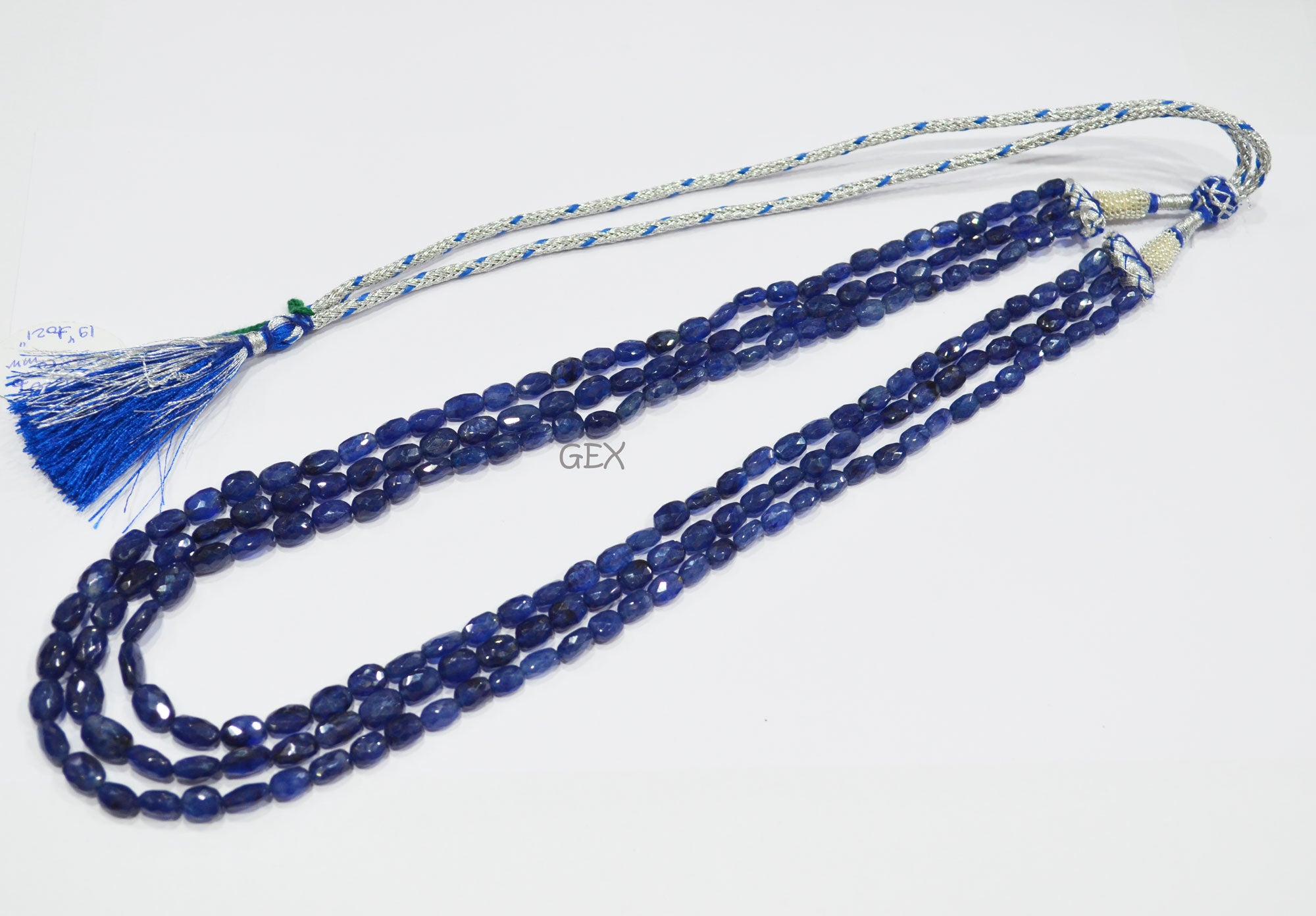 Sapphire Glass Filled Faceted Oval Nuggets Shape Necklace , Sapphire Glass Filled 3 Line Necklace 19 - 21 Inches Long With Adjustable Tussle , 5x6.50 - 8x10 mm , 32019