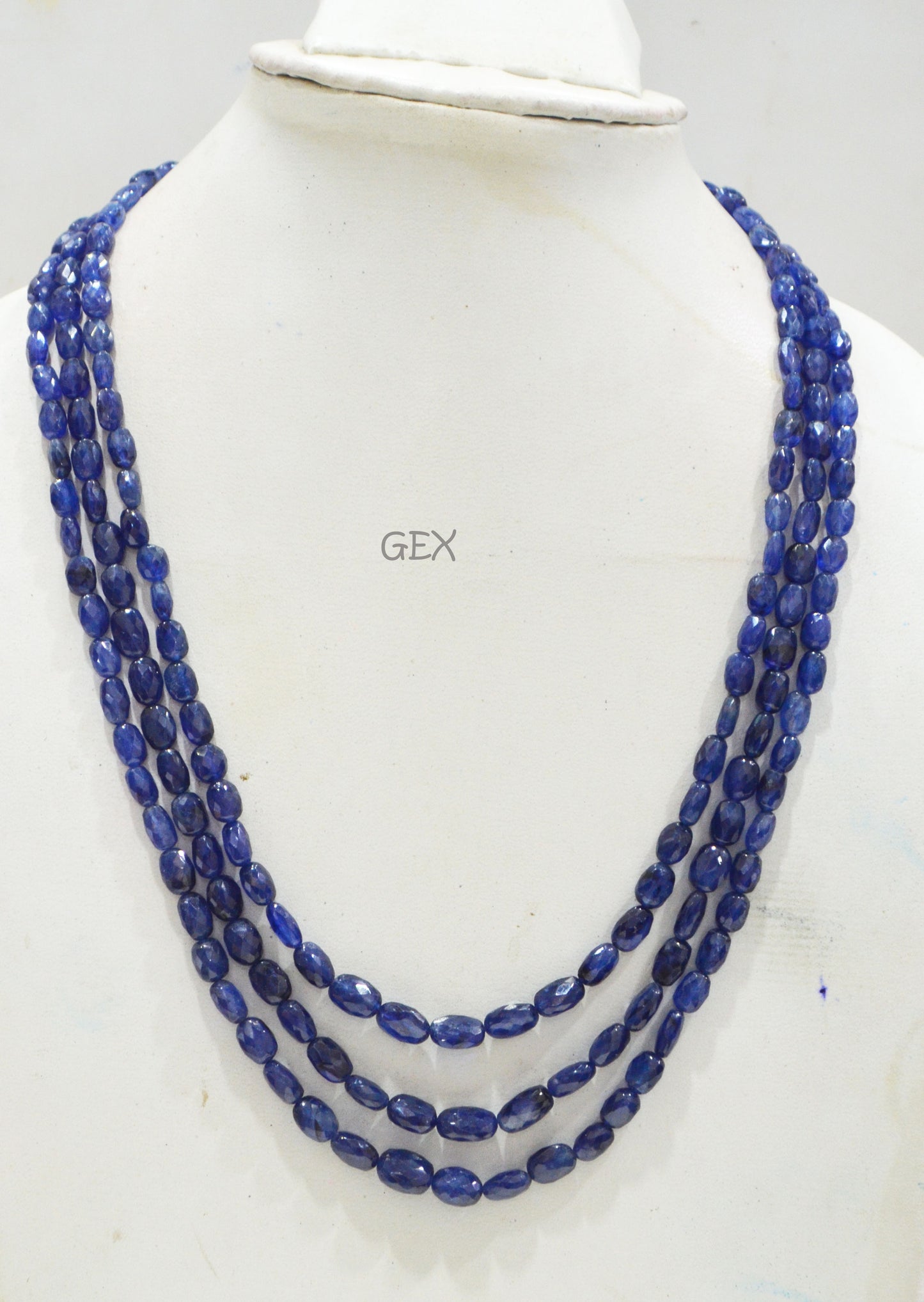 Sapphire Glass Filled Faceted Oval Nuggets Shape Necklace , Sapphire Glass Filled 3 Line Necklace 19 - 21 Inches Long With Adjustable Tussle , 5x6.50 - 8x10 mm , 32019