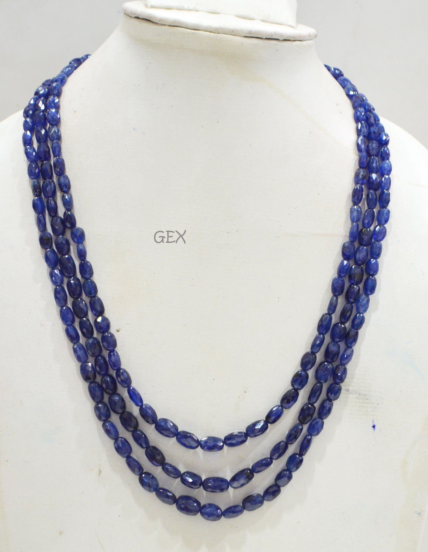 Sapphire Glass Filled Faceted Oval Nuggets Shape Necklace , Sapphire Glass Filled 3 Line Necklace 19 - 21 Inches Long With Adjustable Tussle , 5x6.50 - 8x10 mm , 32019
