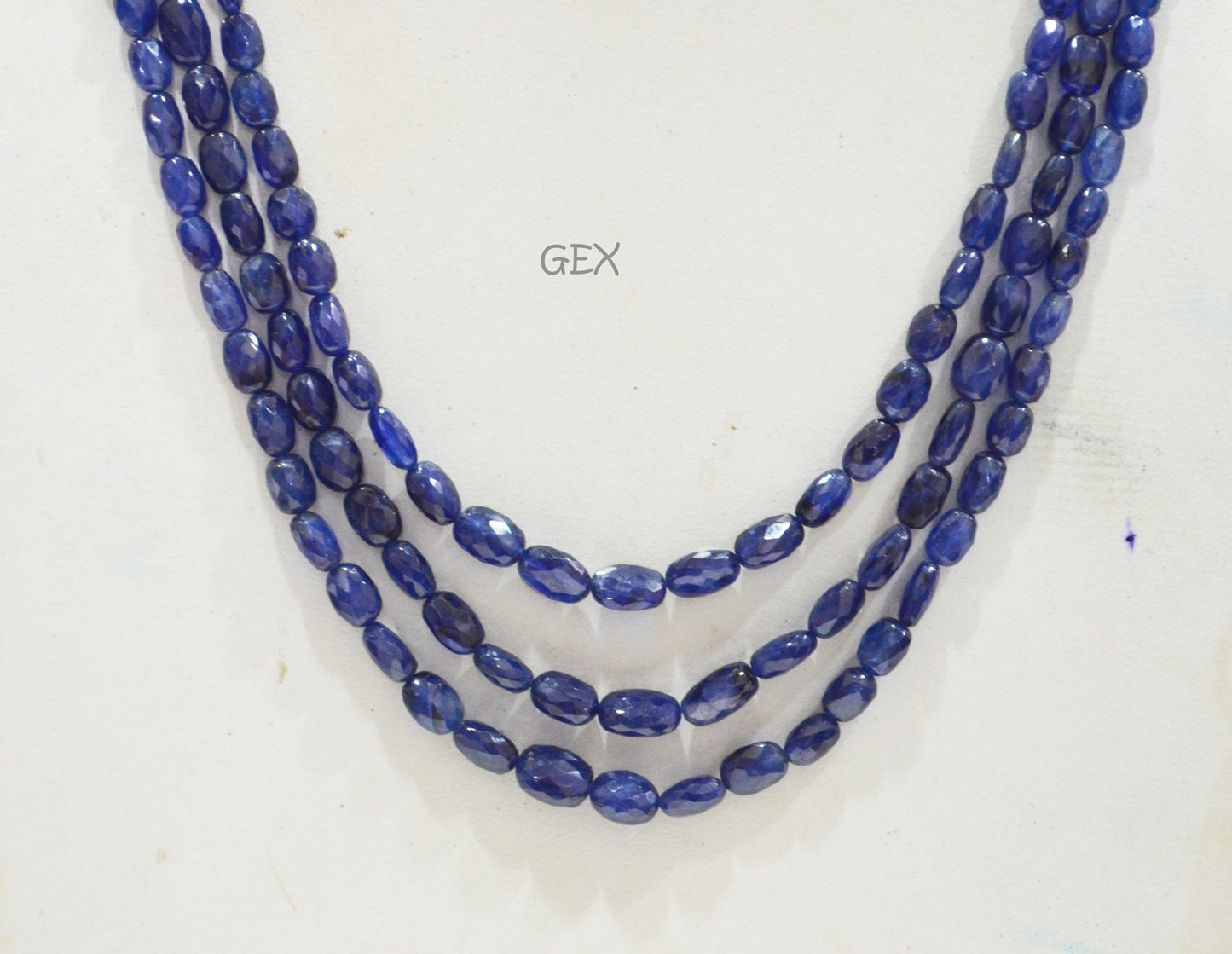 Sapphire Glass Filled Faceted Oval Nuggets Shape Necklace , Sapphire Glass Filled 3 Line Necklace 19 - 21 Inches Long With Adjustable Tussle , 5x6.50 - 8x10 mm , 32019