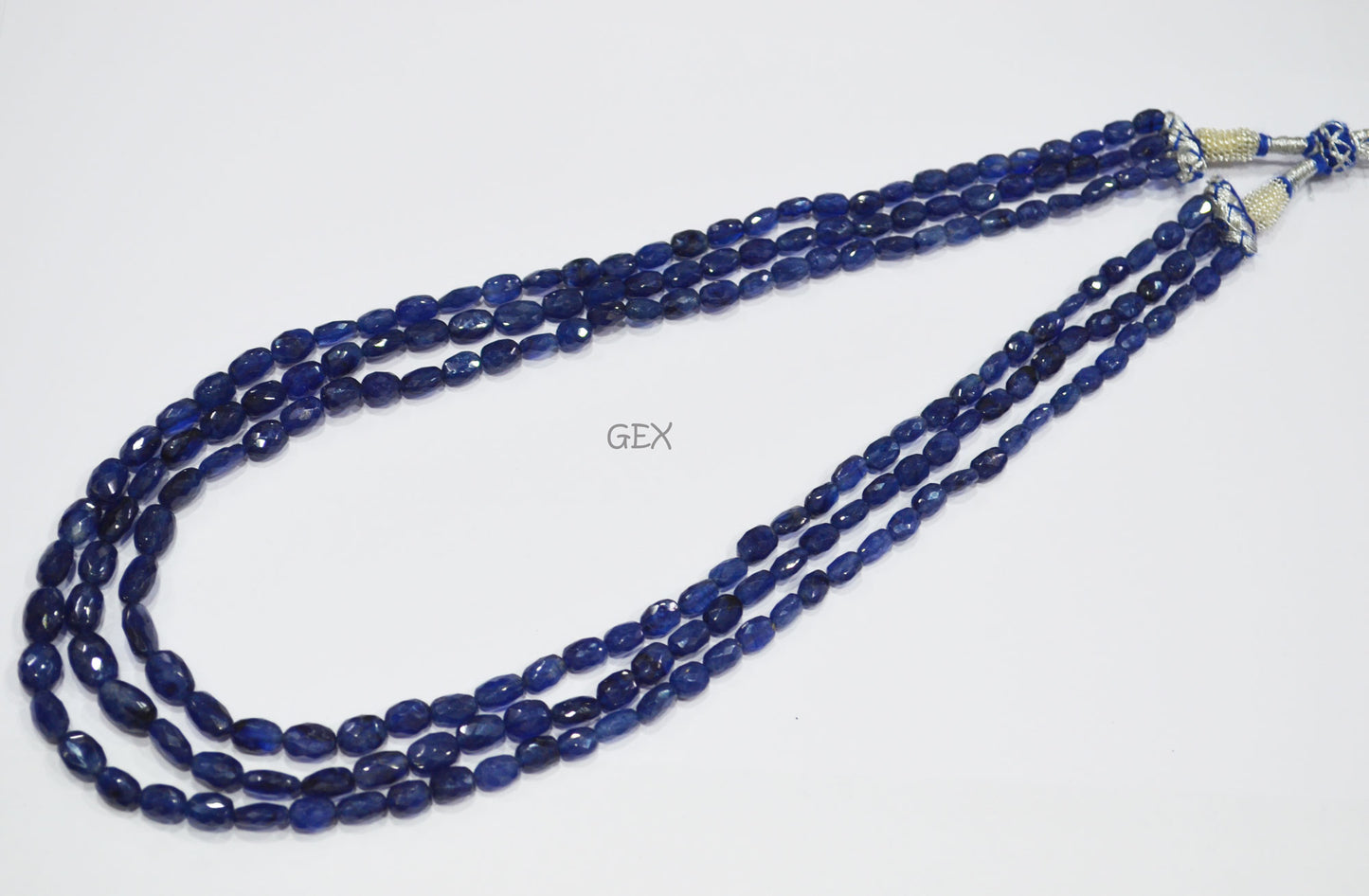Sapphire Glass Filled Faceted Oval Nuggets Shape Necklace , Sapphire Glass Filled 3 Line Necklace 19 - 21 Inches Long With Adjustable Tussle , 5x6.50 - 8x10 mm , 32019