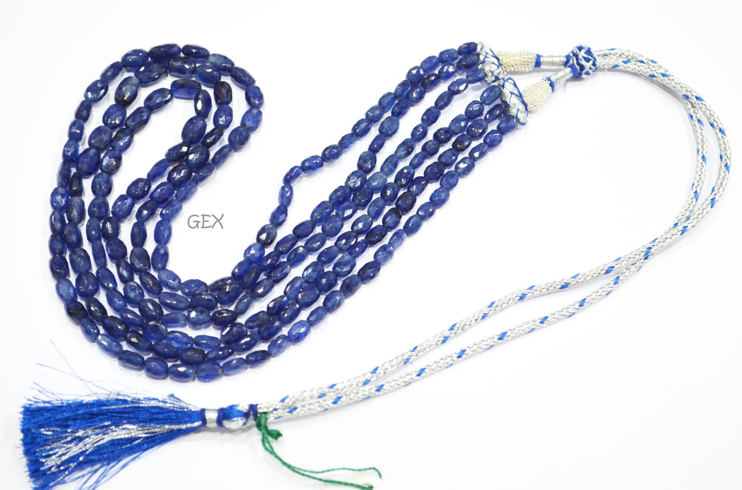 Sapphire Glass Filled Faceted Oval Nuggets Shape Necklace , Sapphire Glass Filled 3 Line Necklace 19 - 21 Inches Long With Adjustable Tussle , 5x6.50 - 8x10 mm , 32019