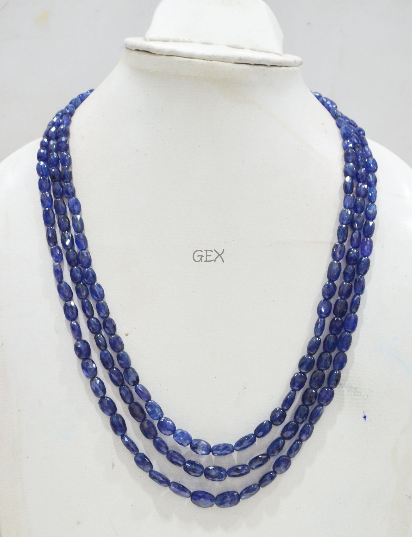 Sapphire Glass Filled Faceted Oval Nuggets Shape Necklace , Sapphire Glass Filled 3 Line Necklace 19 - 21 Inches Long With Adjustable Tussle , 5x6.50 - 8x11 mm , 32020