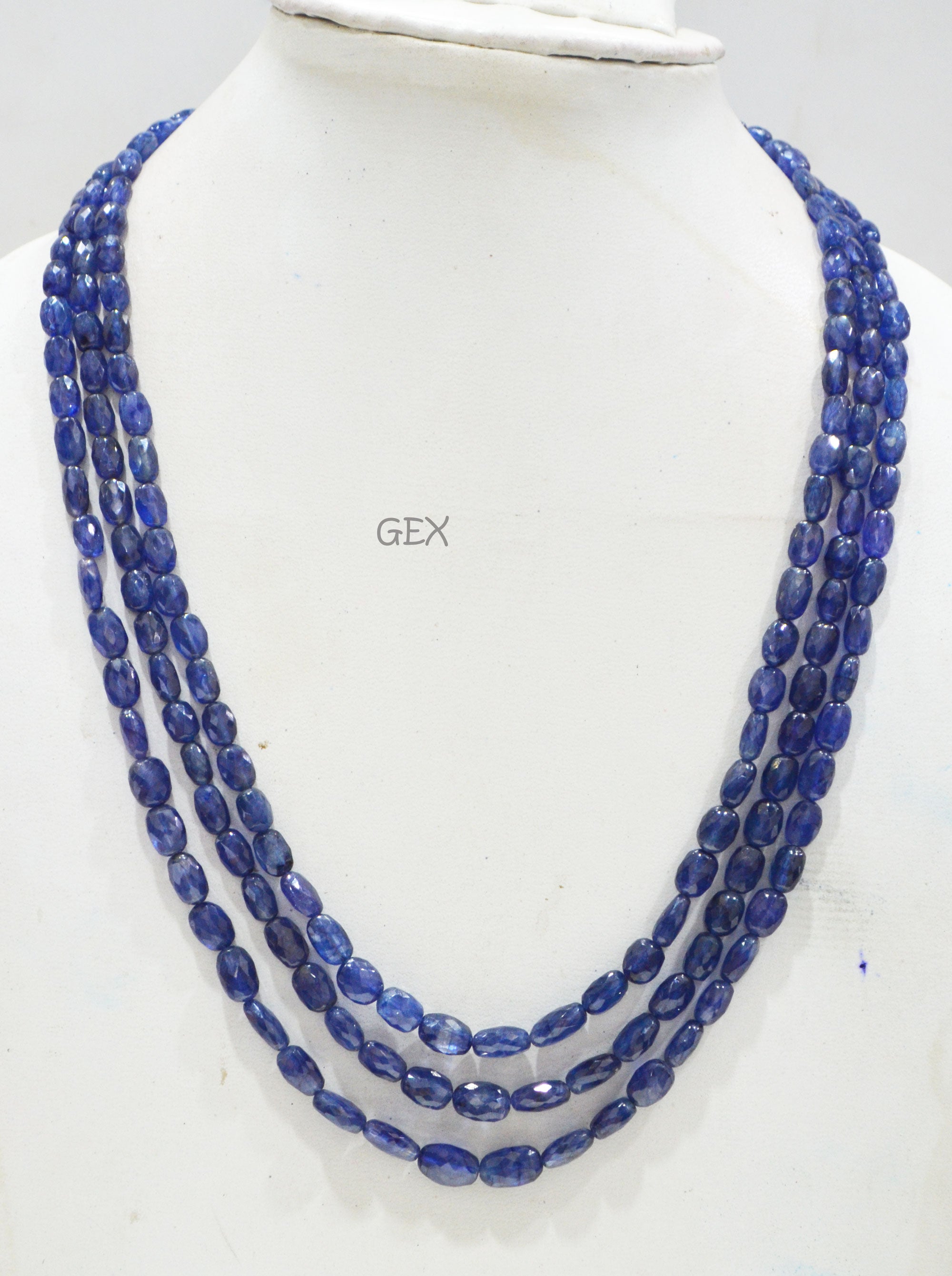 Sapphire Glass Filled Faceted Oval Nuggets Shape Necklace , Sapphire Glass Filled 3 Line Necklace 19 - 21 Inches Long With Adjustable Tussle , 5x6.50 - 8x11 mm , 32020