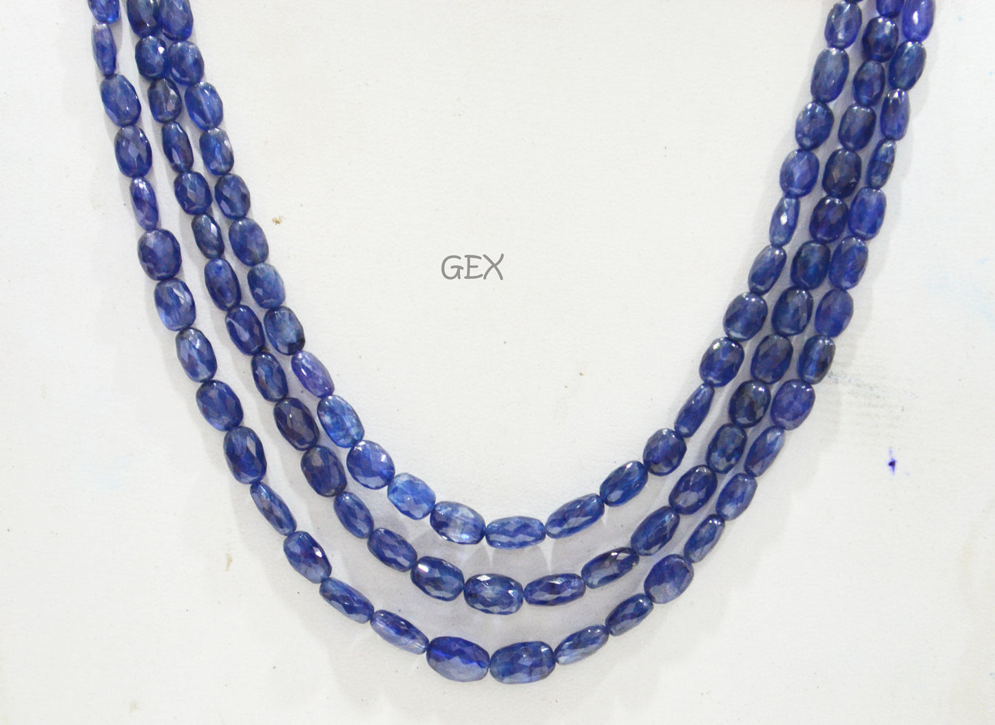 Sapphire Glass Filled Faceted Oval Nuggets Shape Necklace , Sapphire Glass Filled 3 Line Necklace 19 - 21 Inches Long With Adjustable Tussle , 5x6.50 - 8x11 mm , 32020