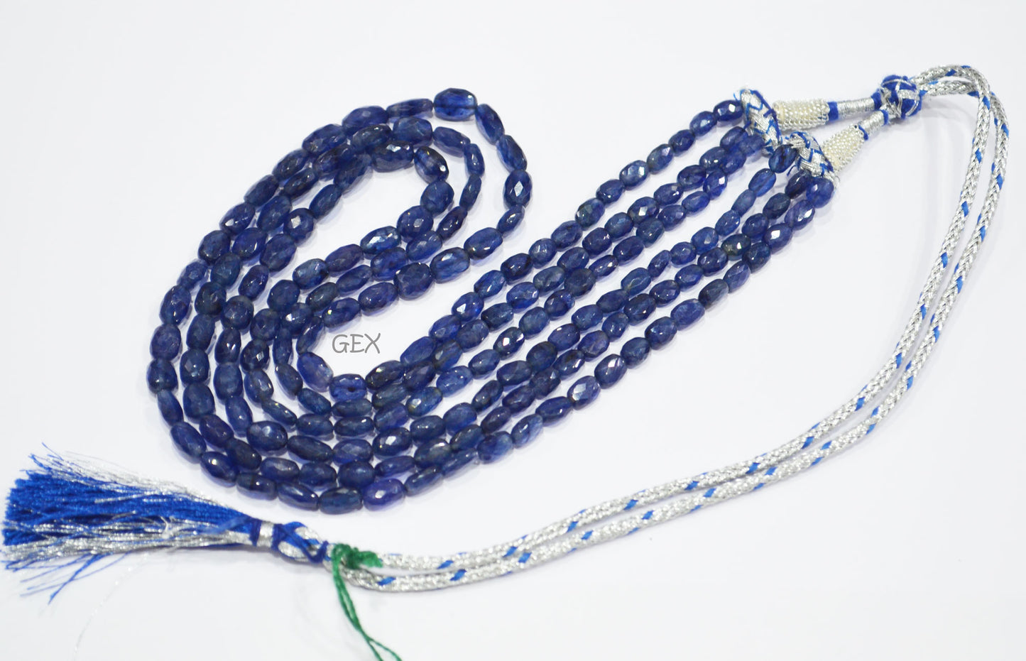 Sapphire Glass Filled Faceted Oval Nuggets Shape Necklace , Sapphire Glass Filled 3 Line Necklace 19 - 21 Inches Long With Adjustable Tussle , 5x6.50 - 8x11 mm , 32020