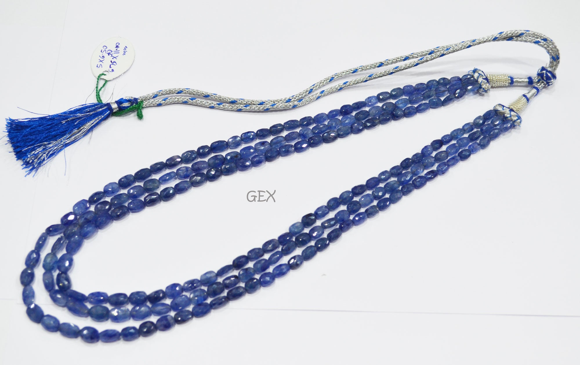 Sapphire Glass Filled Faceted Oval Nuggets Shape Necklace , Sapphire Glass Filled 3 Line Necklace 19 - 21 Inches Long With Adjustable Tussle , 5x6.50 - 6.75x11 mm , 32021