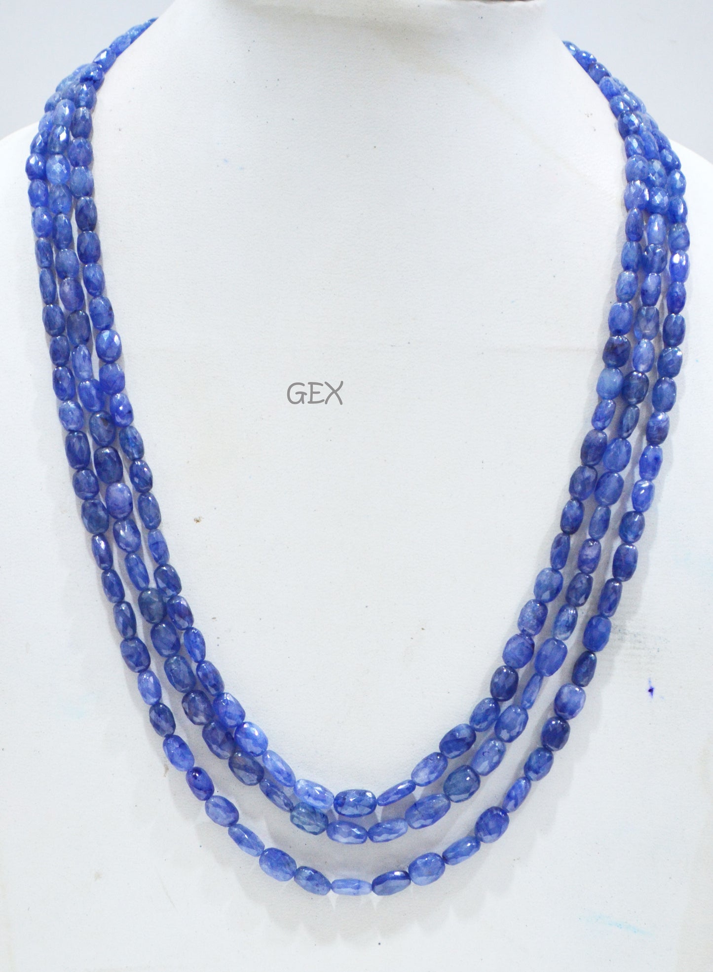 Sapphire Glass Filled Faceted Oval Nuggets Shape Necklace , Sapphire Glass Filled 3 Line Necklace 19 - 21 Inches Long With Adjustable Tussle , 5x6.50 - 6.75x11 mm , 32021
