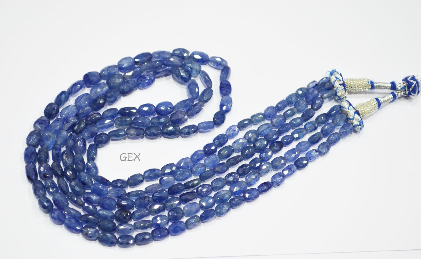 Sapphire Glass Filled Faceted Oval Nuggets Shape Necklace , Sapphire Glass Filled 3 Line Necklace 19 - 21 Inches Long With Adjustable Tussle , 5x6.50 - 6.75x11 mm , 32021