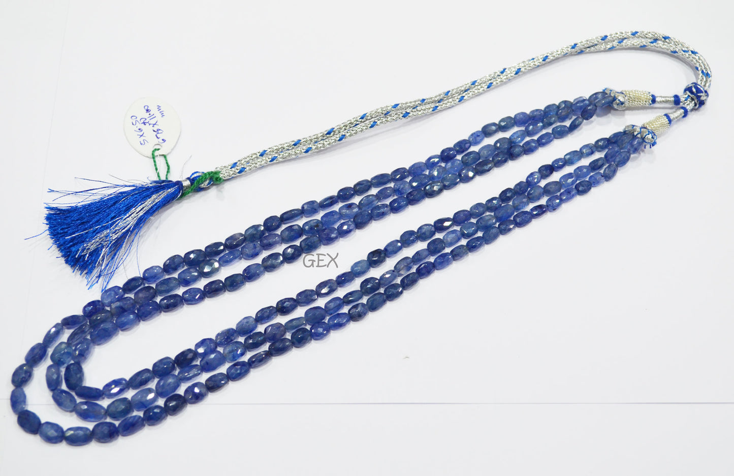 Sapphire Glass Filled Faceted Oval Nuggets Shape Necklace , Sapphire Glass Filled 3 Line Necklace 19 - 21 Inches Long With Adjustable Tussle , 5x6.50 - 6.75x11 mm , 32021
