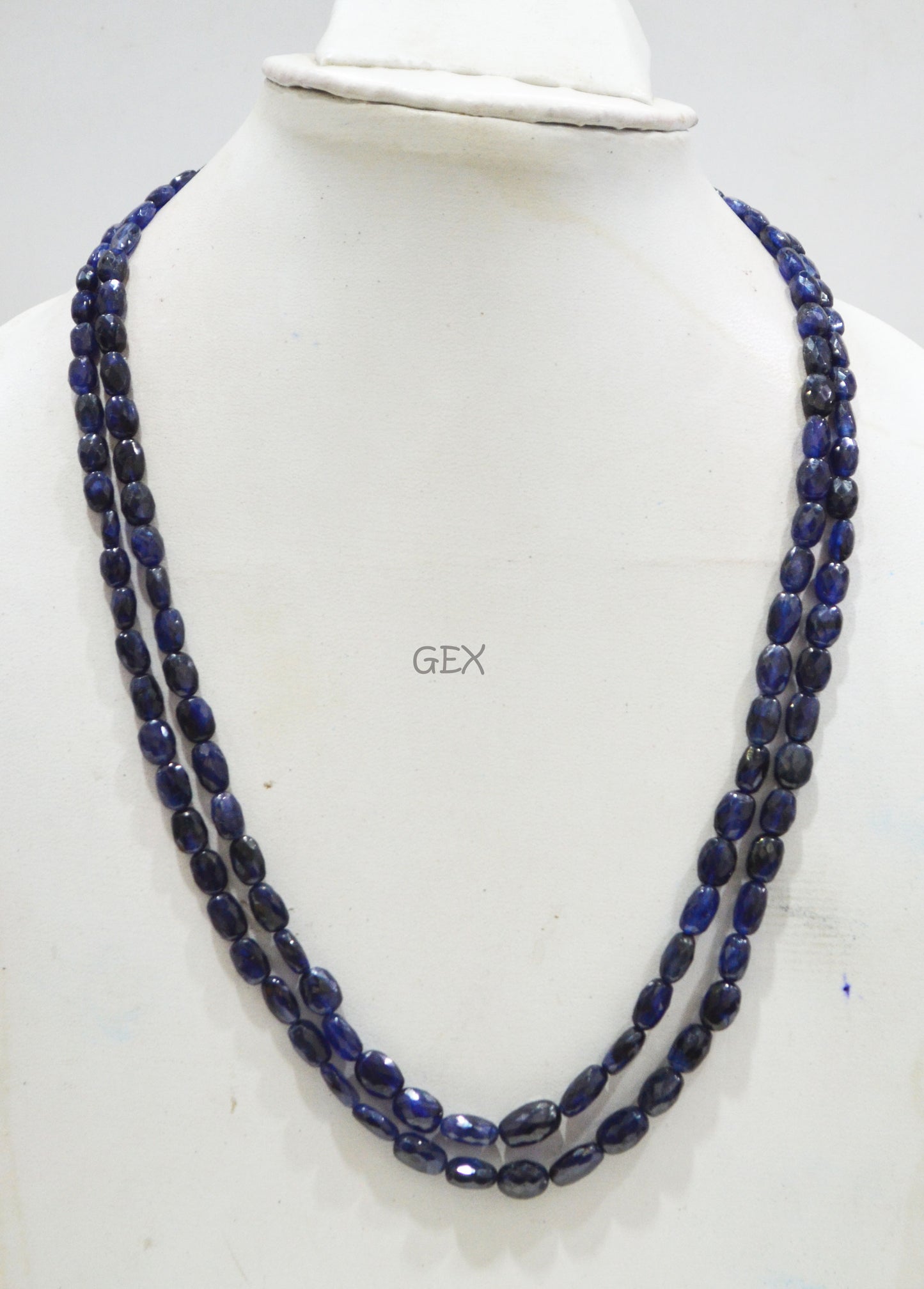 Sapphire Glass Filled Faceted Oval Nuggets Shape Necklace , Sapphire Glass Filled 2 Line Necklace 19 - 20 Inches Long With Adjustable Tussle , 4.50x7 - 8x12 mm , 32022