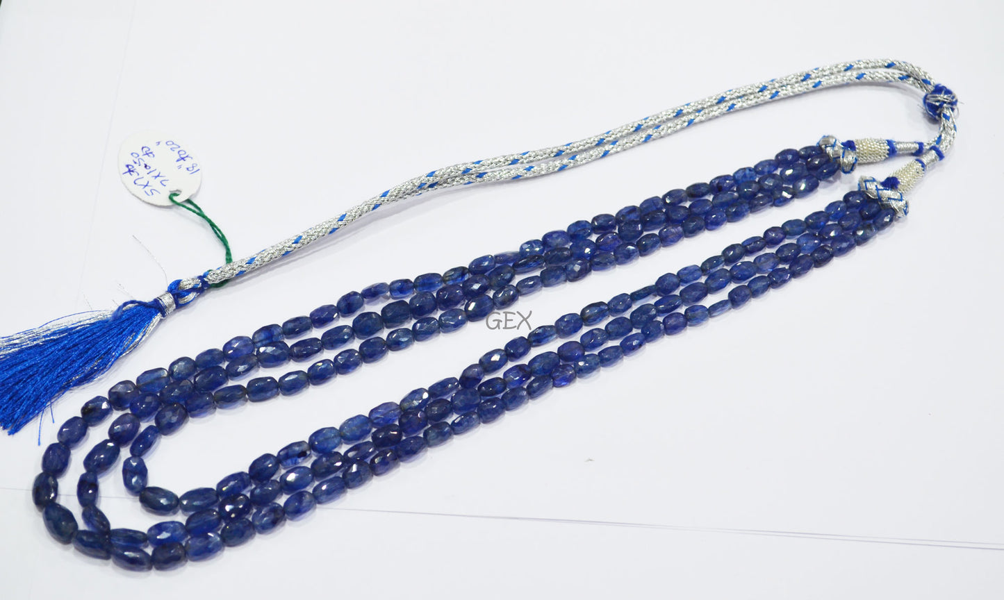 Sapphire Glass Filled Faceted Oval Nuggets Shape Necklace , Sapphire Glass Filled 3 Line Necklace 18 - 20 Inches Long With Adjustable Tussle , 5x7 - 7x10.50 mm , 32025