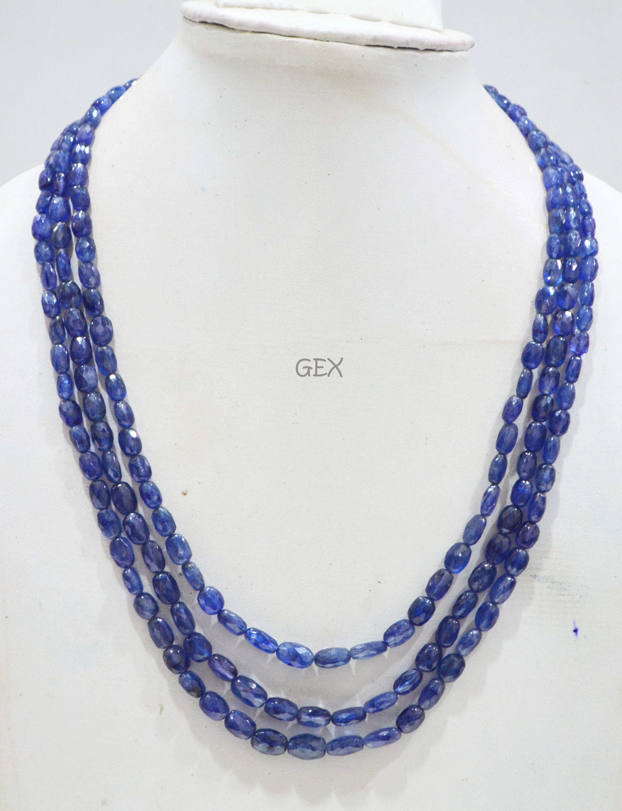 Sapphire Glass Filled Faceted Oval Nuggets Shape Necklace , Sapphire Glass Filled 3 Line Necklace 18 - 20 Inches Long With Adjustable Tussle , 5x7 - 7x10.50 mm , 32025