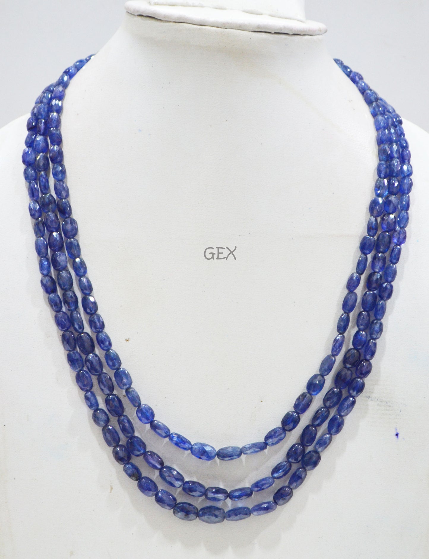 Sapphire Glass Filled Faceted Oval Nuggets Shape Necklace , Sapphire Glass Filled 3 Line Necklace 18 - 20 Inches Long With Adjustable Tussle , 5x7 - 7x10.50 mm , 32025