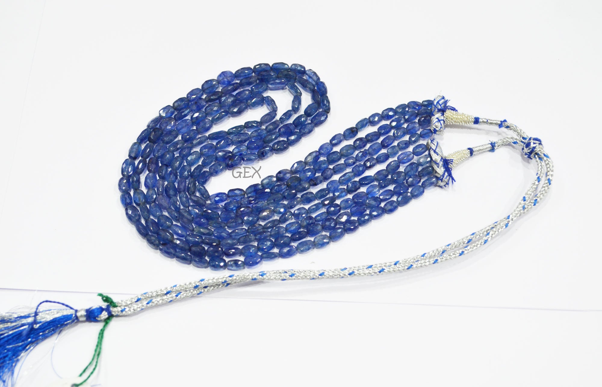Sapphire Glass Filled Faceted Oval Nuggets Shape Necklace , Sapphire Glass Filled 4 Line Necklace 17 - 20 Inches Long With Adjustable Tussle , 5x6.50 - 7x14.50 mm , 32026