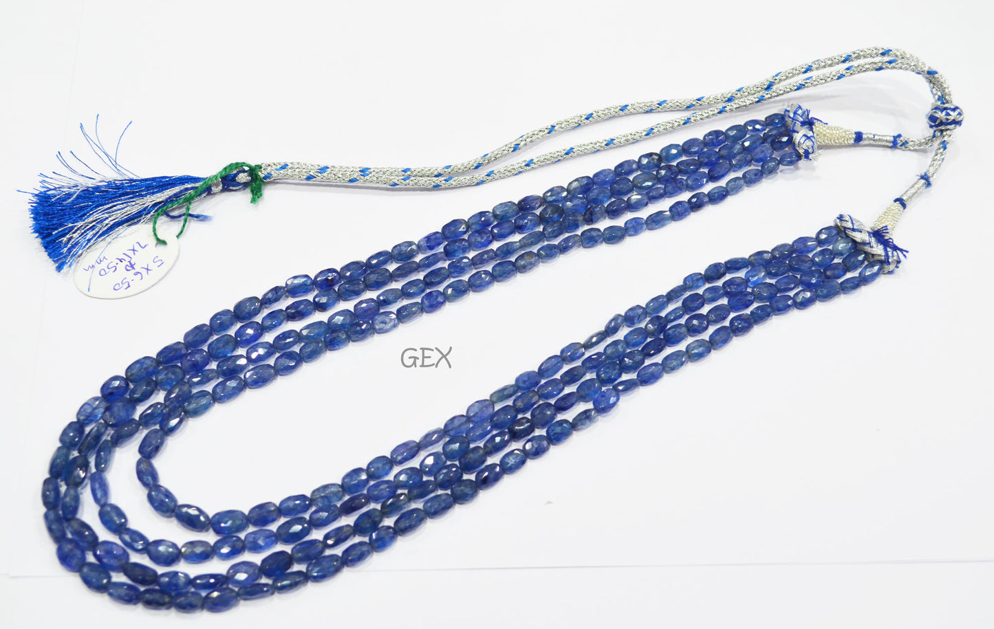 Sapphire Glass Filled Faceted Oval Nuggets Shape Necklace , Sapphire Glass Filled 4 Line Necklace 17 - 20 Inches Long With Adjustable Tussle , 5x6.50 - 7x14.50 mm , 32026
