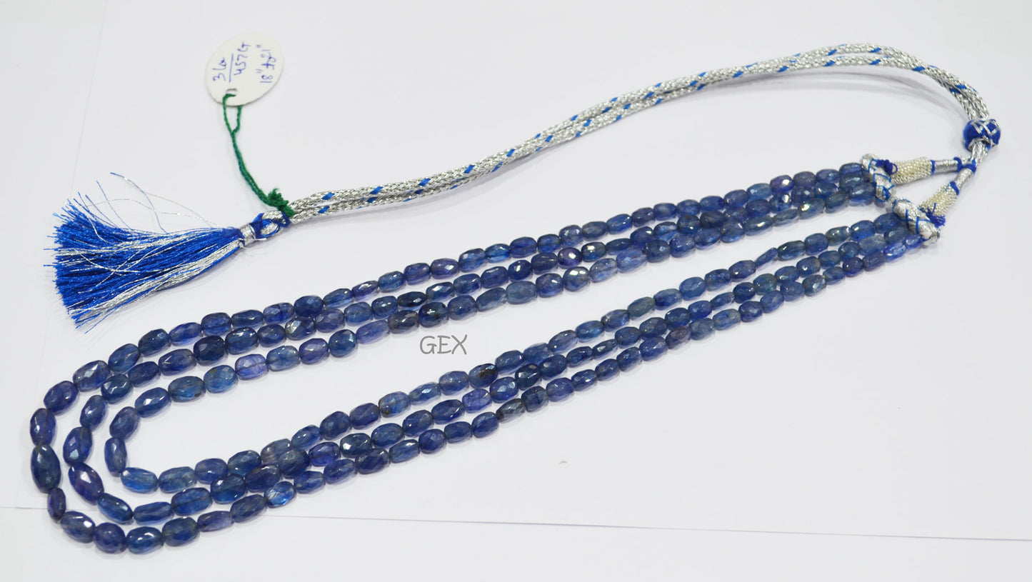 Sapphire Glass Filled Faceted Oval Nuggets Shape Necklace , Sapphire Glass Filled 3 Line Necklace 18 - 21 Inches Long With Adjustable Tussle , 4.5x6.50 - 7x12 mm , 32027