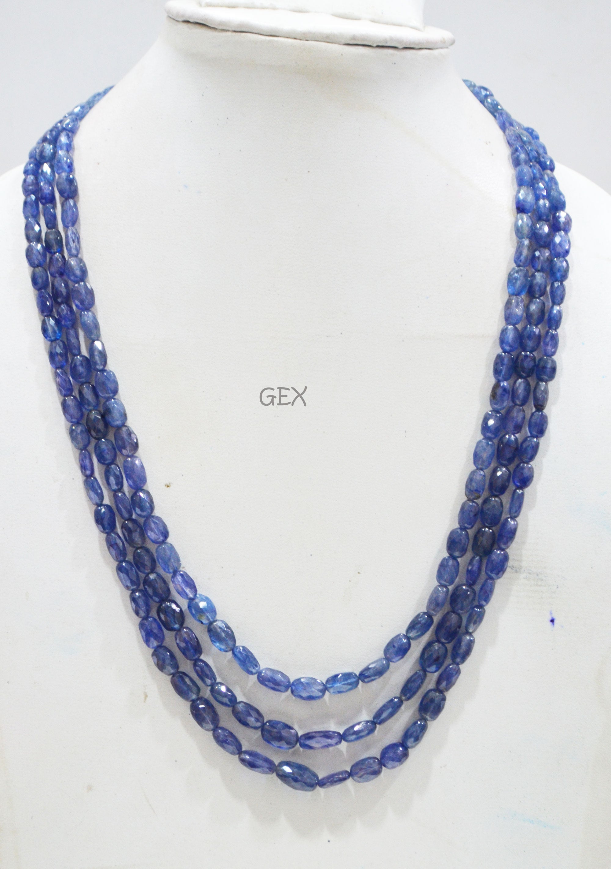 Sapphire Glass Filled Faceted Oval Nuggets Shape Necklace , Sapphire Glass Filled 3 Line Necklace 18 - 21 Inches Long With Adjustable Tussle , 4.5x6.50 - 7x12 mm , 32027