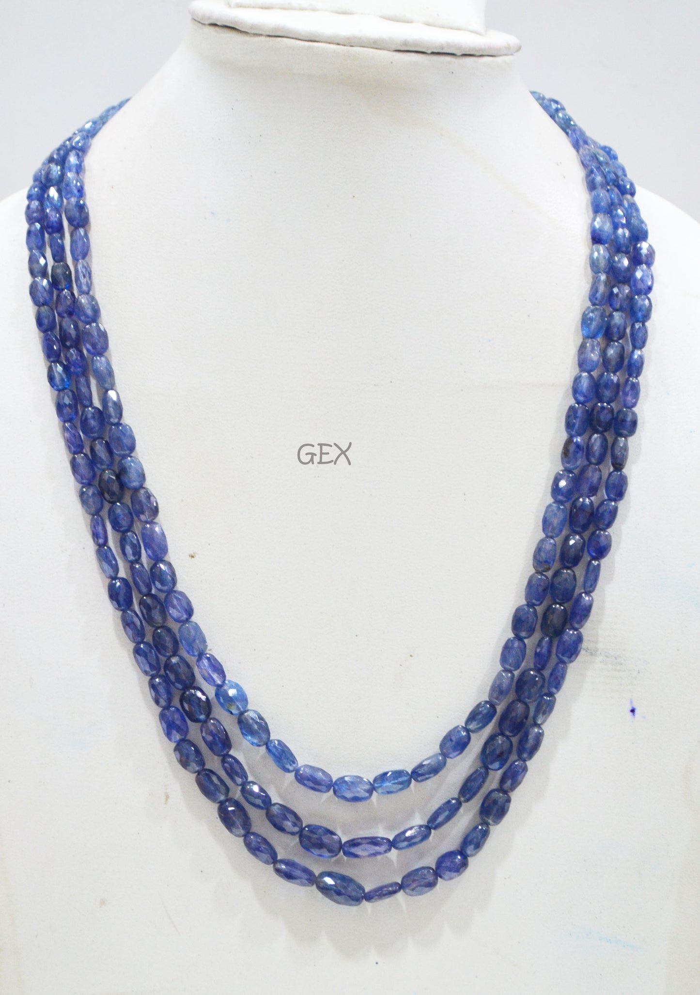 Sapphire Glass Filled Faceted Oval Nuggets Shape Necklace , Sapphire Glass Filled 3 Line Necklace 18 - 21 Inches Long With Adjustable Tussle , 4.5x6.50 - 7x12 mm , 32027