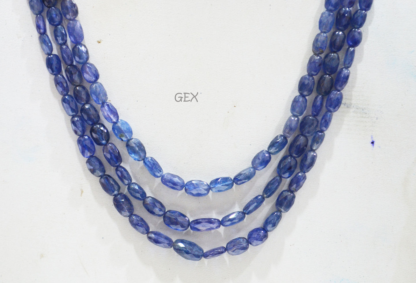 Sapphire Glass Filled Faceted Oval Nuggets Shape Necklace , Sapphire Glass Filled 3 Line Necklace 18 - 21 Inches Long With Adjustable Tussle , 4.5x6.50 - 7x12 mm , 32027