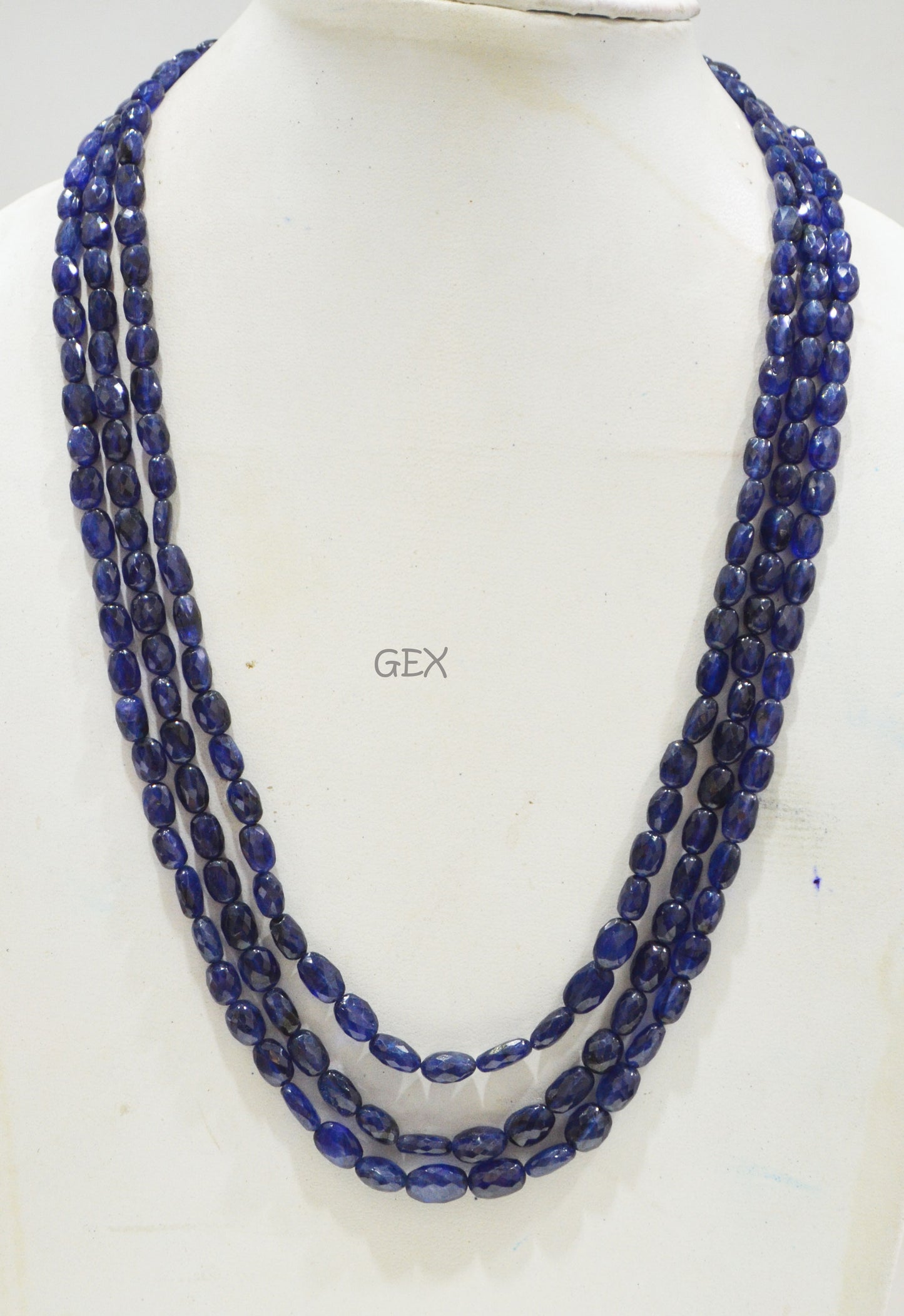 Sapphire Glass Filled Faceted Oval Nuggets Shape Necklace , Sapphire Glass Filled 3 Line Necklace 20 - 22 Inches Long With Adjustable Tussle , 5.50x7 - 8x10 mm , 32028